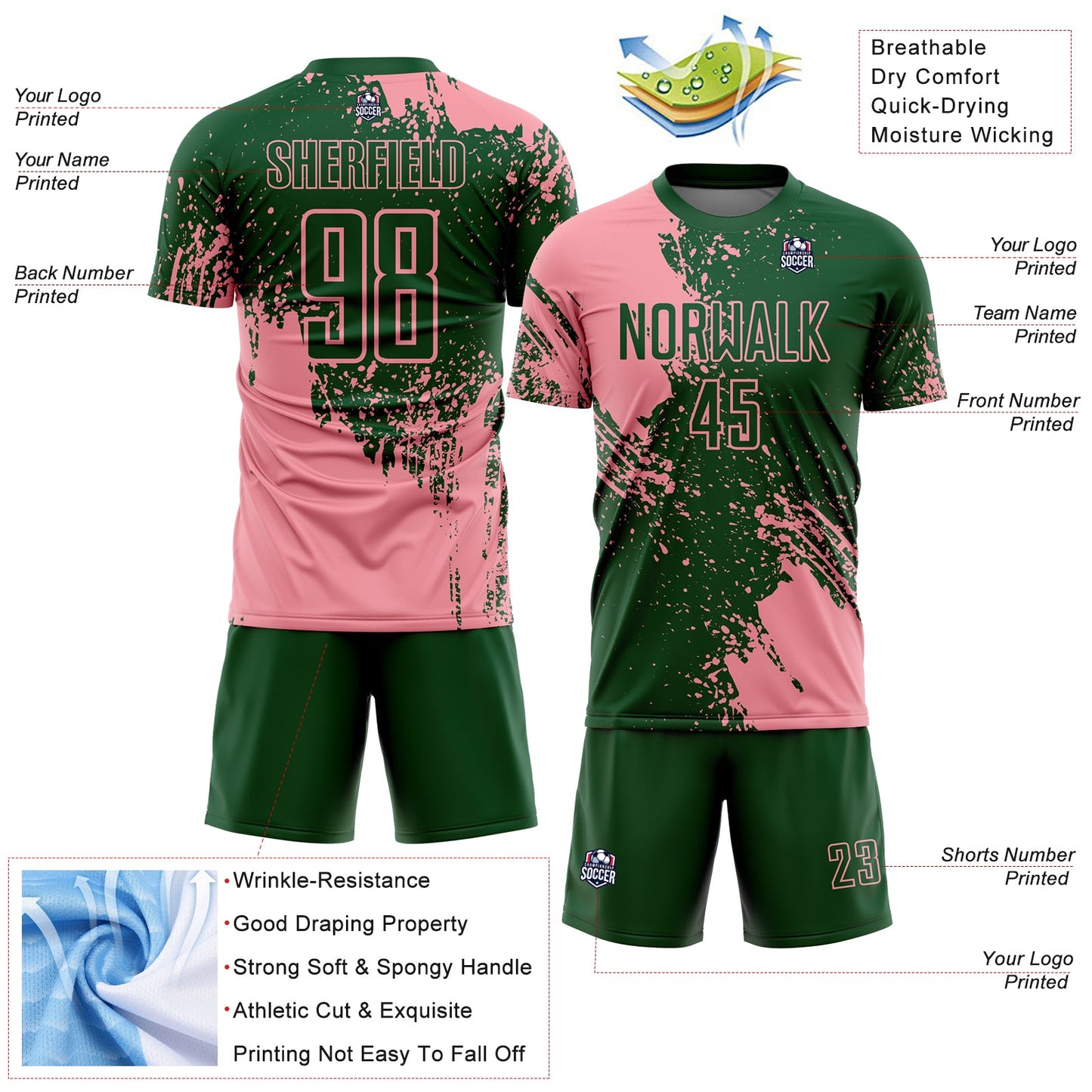 Custom Green Medium Pink Abstract Brush Stroke Sports Sublimation Soccer Uniform Jersey view 4
