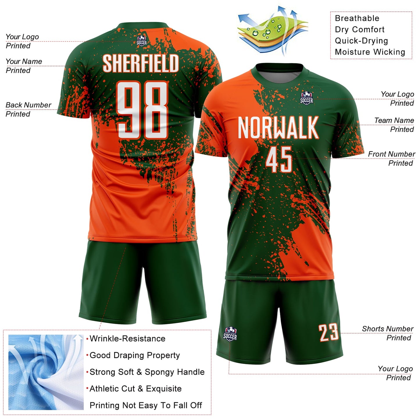 Custom Green White-Orange Abstract Brush Stroke Sports Sublimation Soccer Uniform Jersey view 4