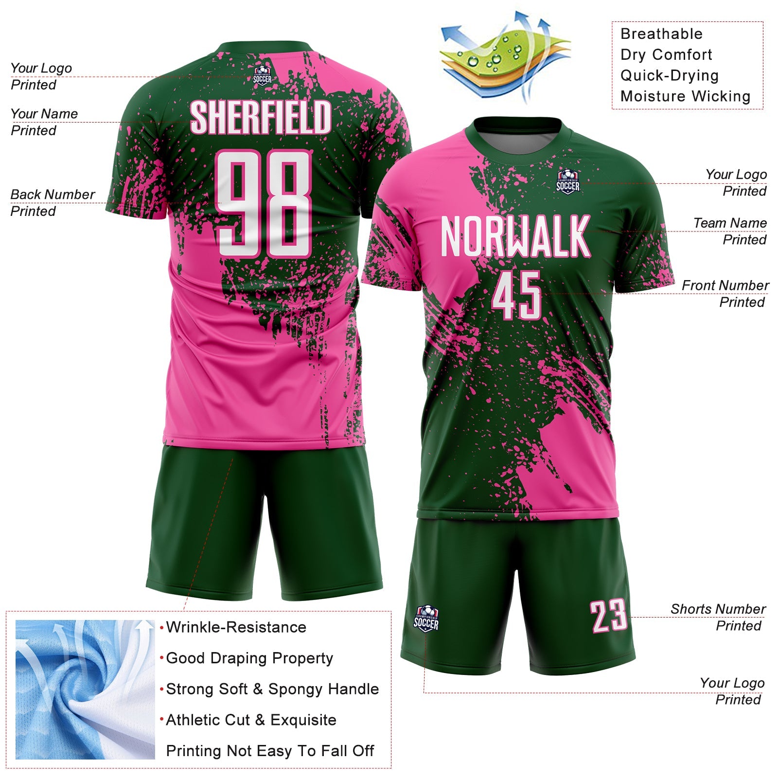 Custom Green White-Pink Abstract Brush Stroke Sports Sublimation Soccer Uniform Jersey view 4