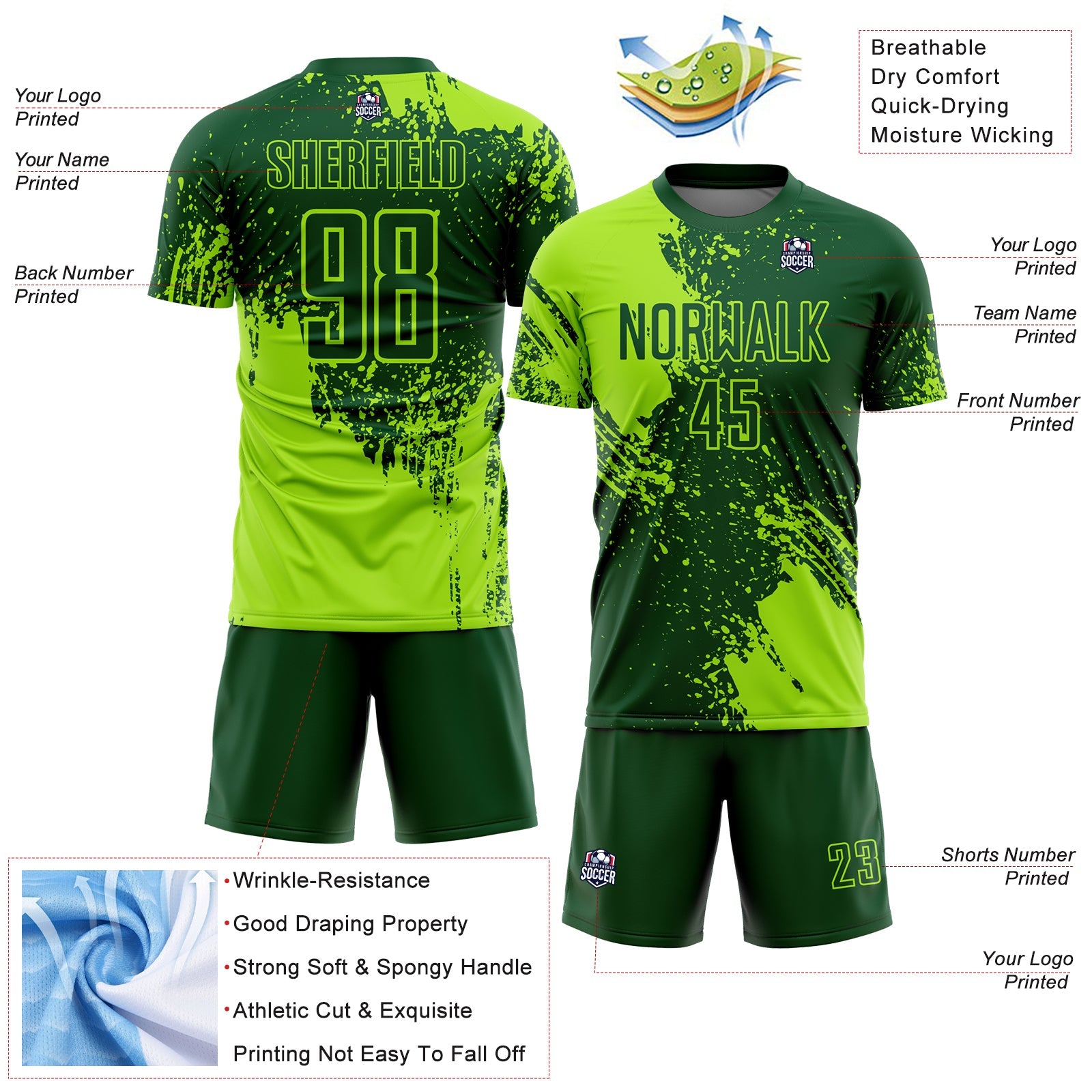 Custom Green Neon Green Abstract Brush Stroke Sports Sublimation Soccer Uniform Jersey view 4