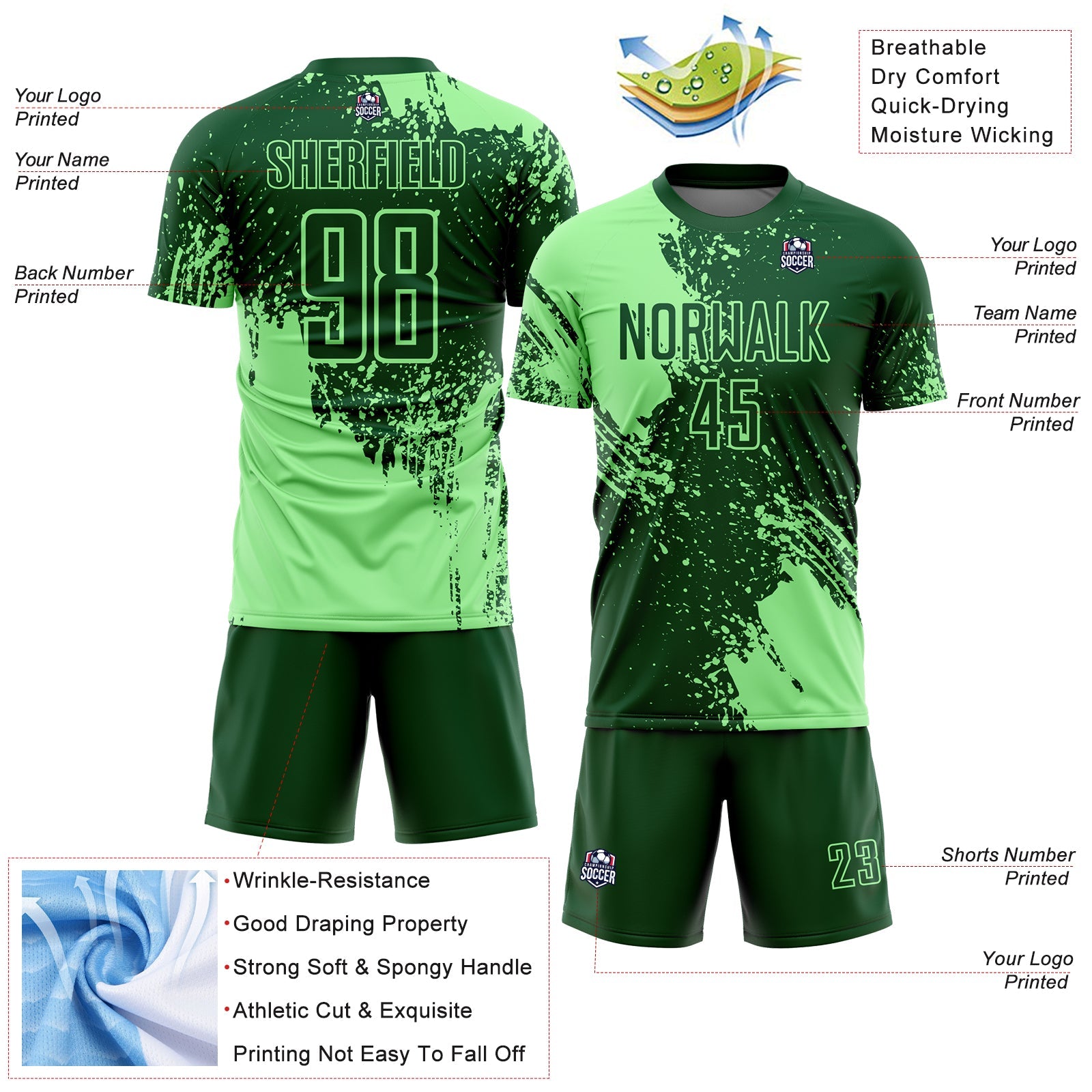 Custom Green Pea Green Abstract Brush Stroke Sports Sublimation Soccer Uniform Jersey view 4