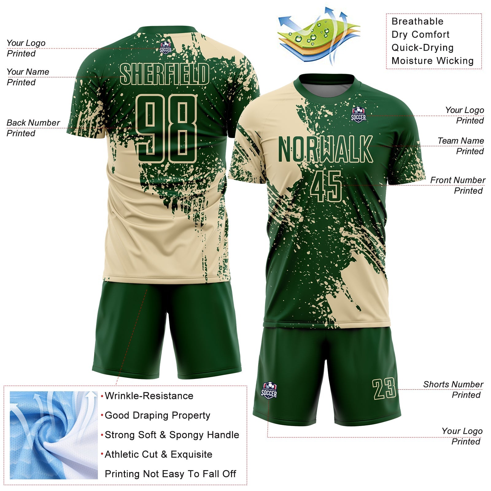 Custom Green Cream Abstract Brush Stroke Sports Sublimation Soccer Uniform Jersey view 4