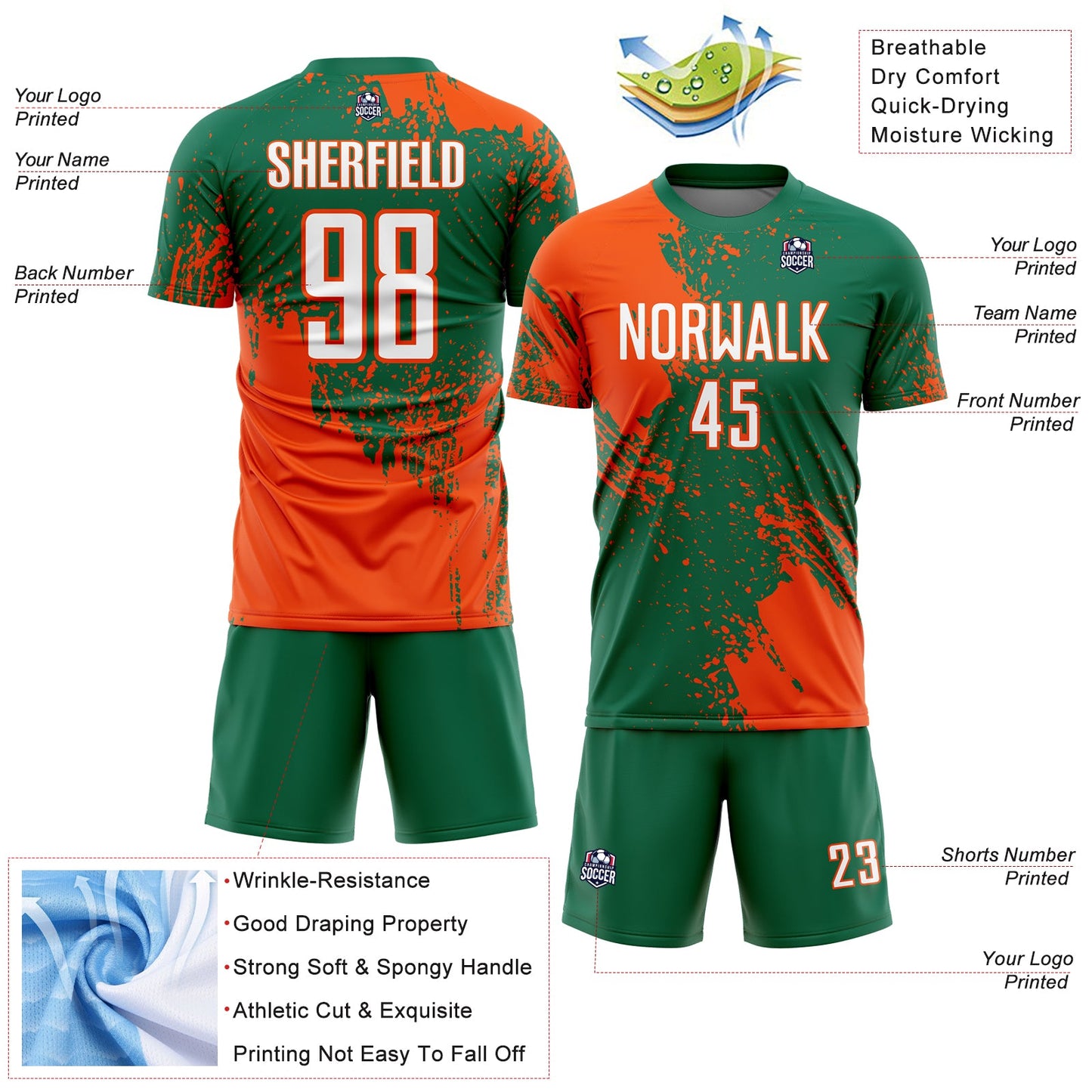 Custom Kelly Green White-Orange Abstract Brush Stroke Sports Sublimation Soccer Uniform Jersey view 4