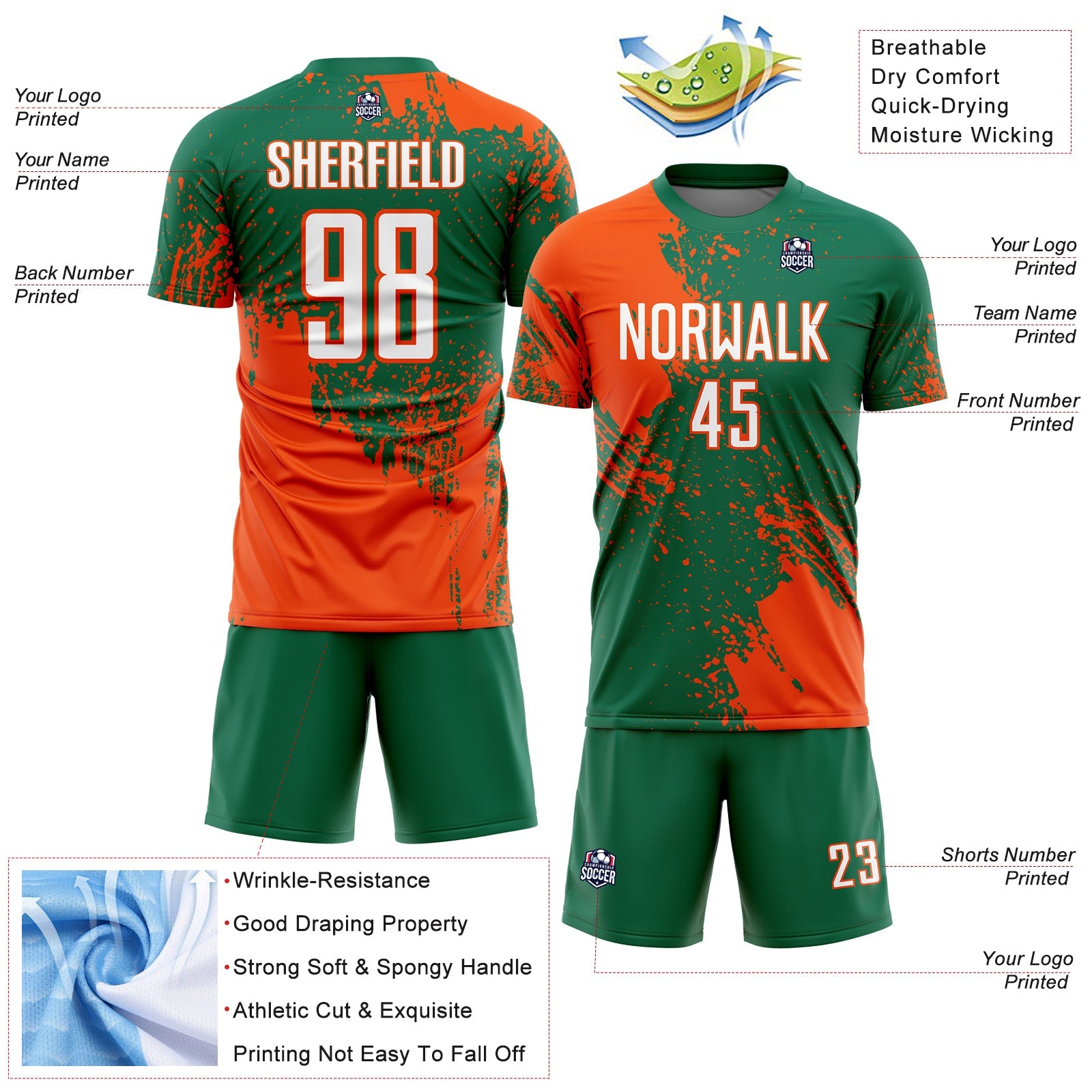 Custom Kelly Green White-Orange Abstract Brush Stroke Sports Sublimation Soccer Uniform Jersey view 4