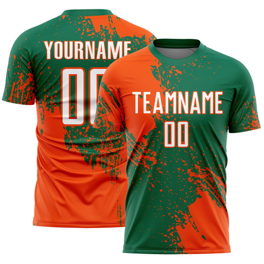 Custom Kelly Green White-Orange Abstract Brush Stroke Sports Sublimation Soccer Uniform Jersey - Main View