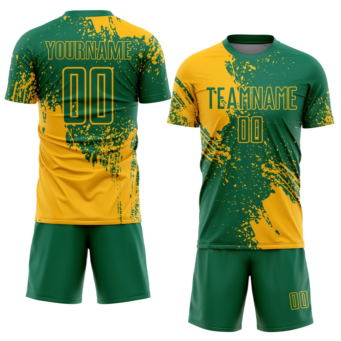 Custom Kelly Green Gold Abstract Brush Stroke Sports Sublimation Soccer Uniform Jersey view 2