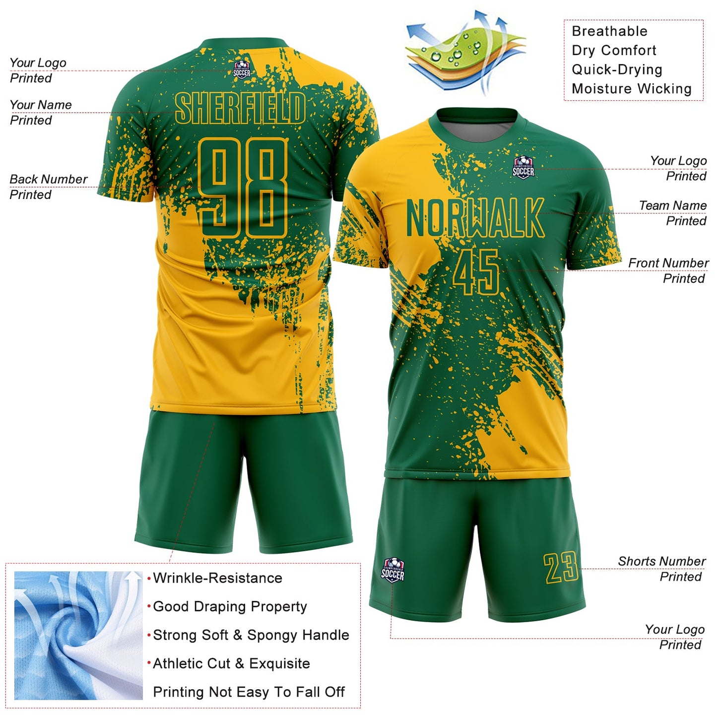 Custom Kelly Green Gold Abstract Brush Stroke Sports Sublimation Soccer Uniform Jersey view 4