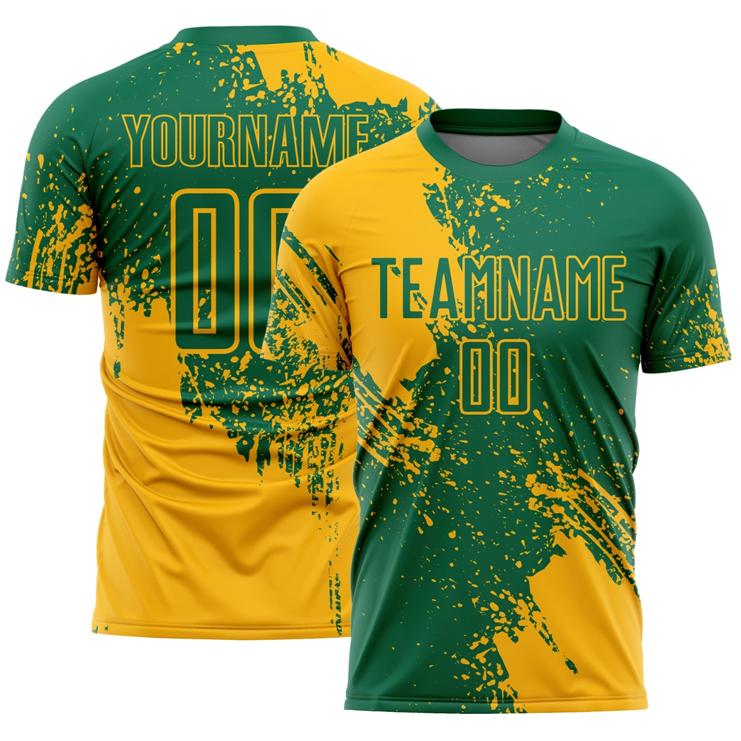 Custom Kelly Green Gold Abstract Brush Stroke Sports Sublimation Soccer Uniform Jersey - Main View