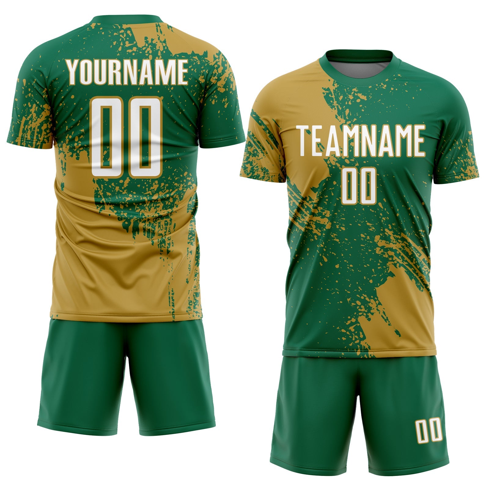 Custom Kelly Green White-Old Gold Abstract Brush Stroke Sports Sublimation Soccer Uniform Jersey view 2