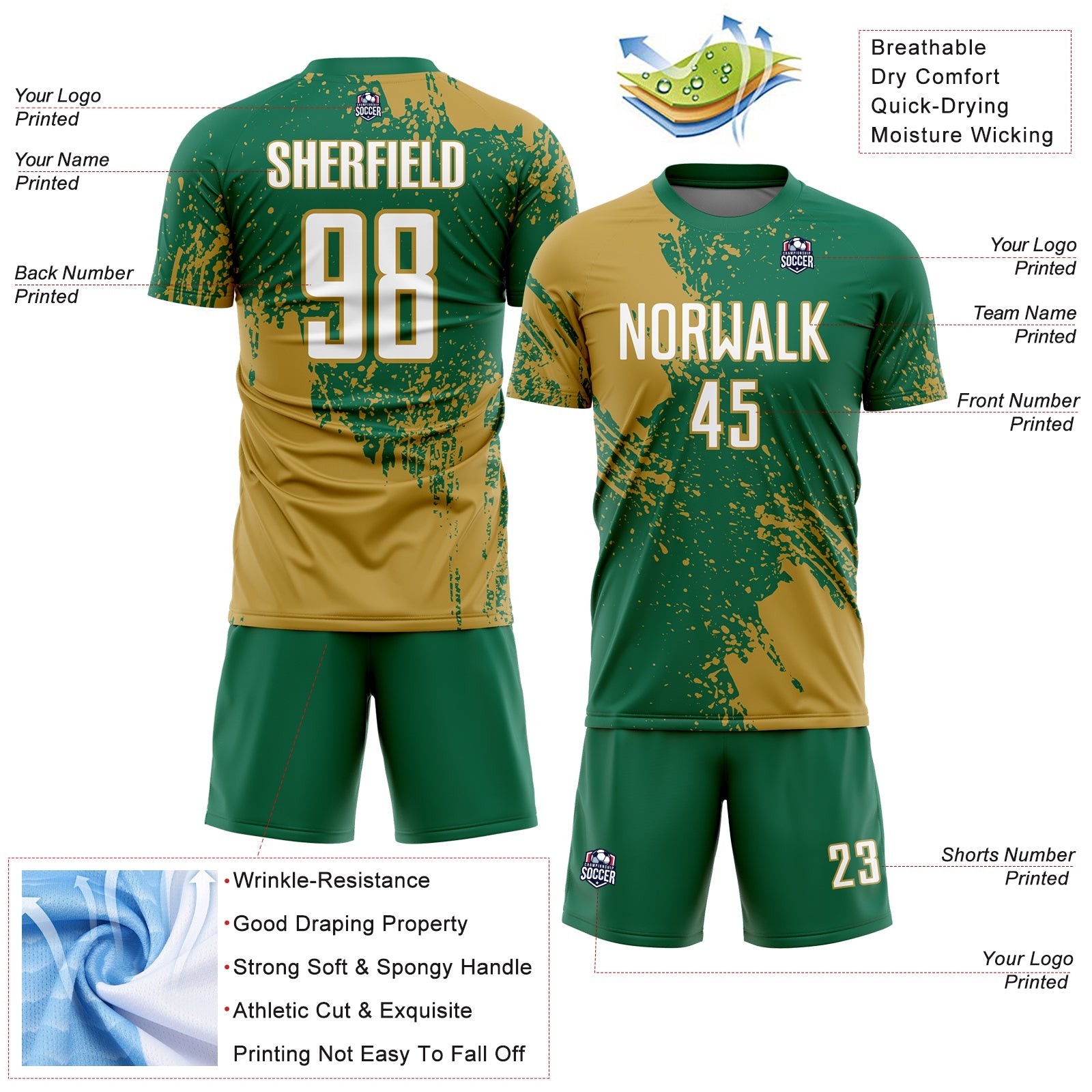 Custom Kelly Green White-Old Gold Abstract Brush Stroke Sports Sublimation Soccer Uniform Jersey view 4