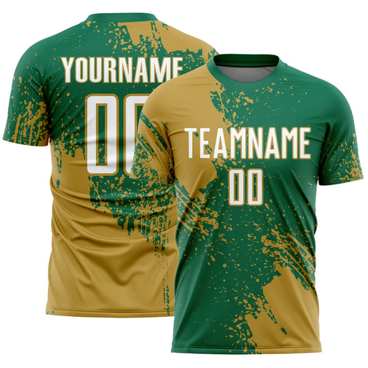 Custom Kelly Green White-Old Gold Abstract Brush Stroke Sports Sublimation Soccer Uniform Jersey - Main View