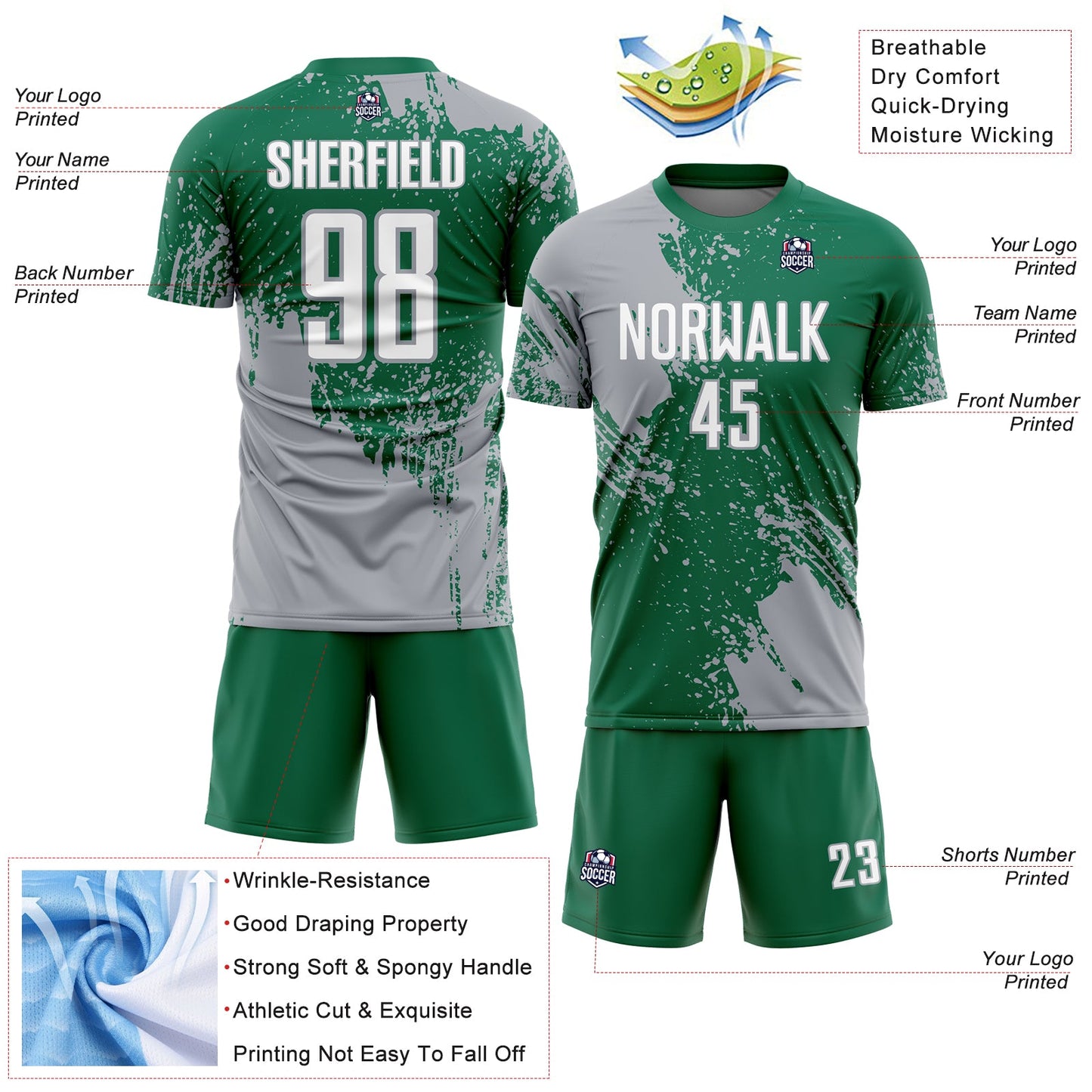 Custom Kelly Green White-Gray Abstract Brush Stroke Sports Sublimation Soccer Uniform Jersey view 4