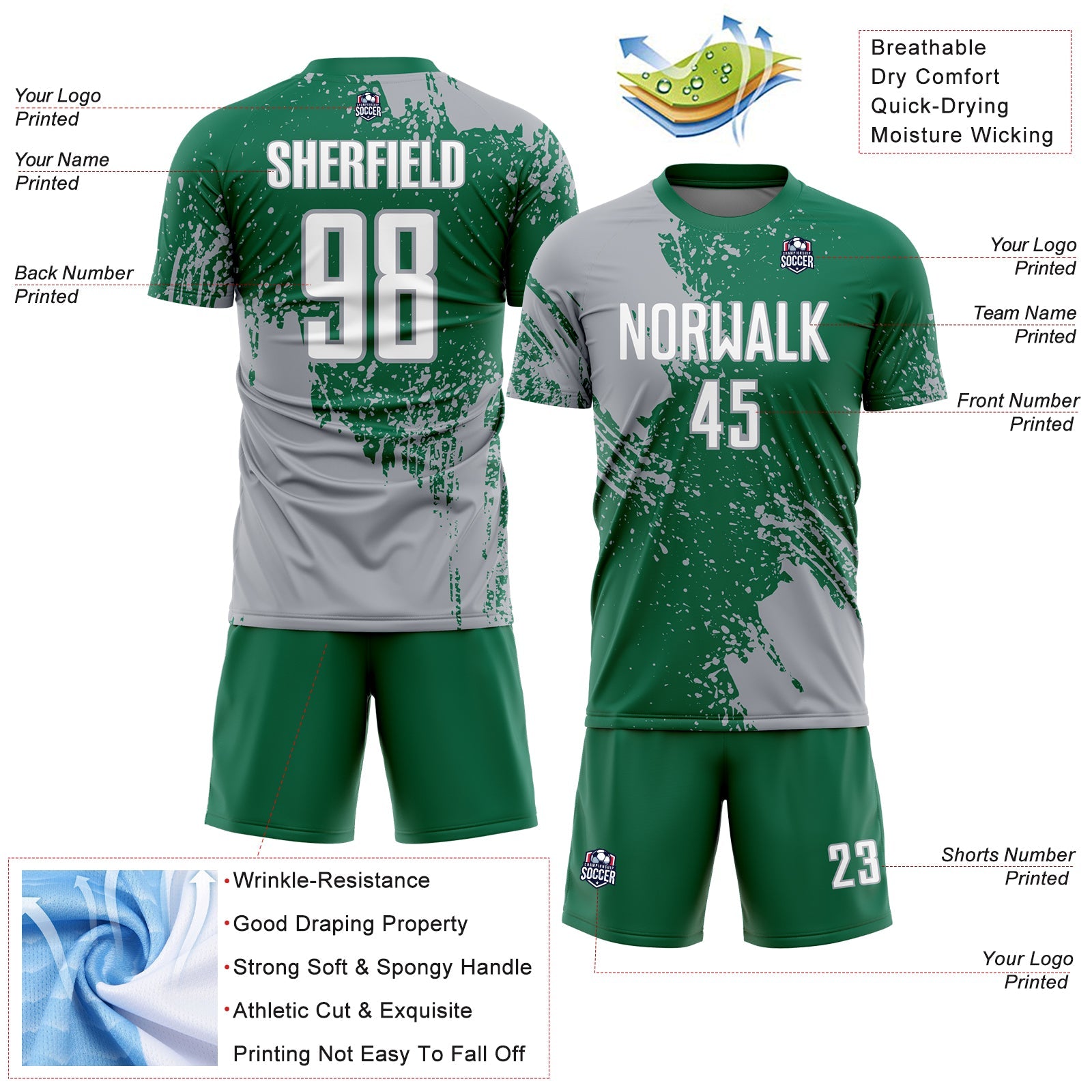 Custom Kelly Green White-Gray Abstract Brush Stroke Sports Sublimation Soccer Uniform Jersey view 4