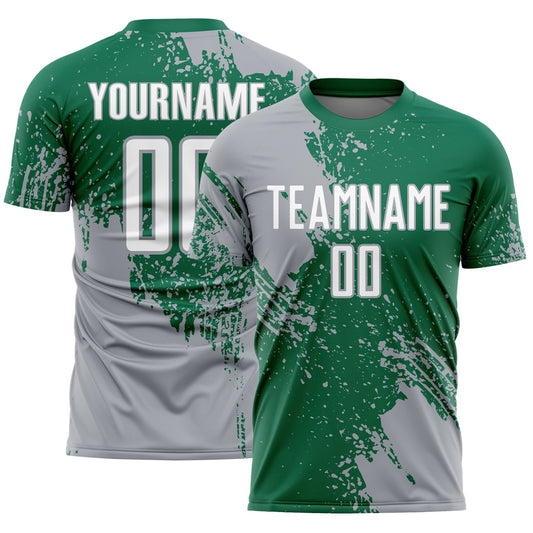 Custom Kelly Green White-Gray Abstract Brush Stroke Sports Sublimation Soccer Uniform Jersey - Main View