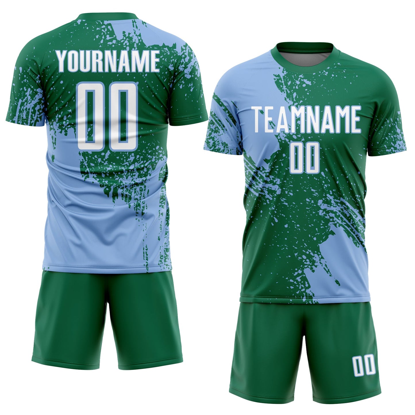Custom Kelly Green White-Light Blue Abstract Brush Stroke Sports Sublimation Soccer Uniform Jersey view 2