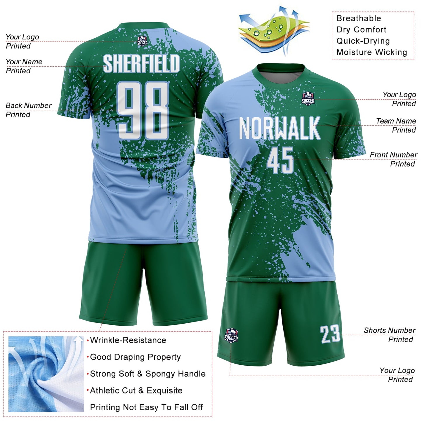 Custom Kelly Green White-Light Blue Abstract Brush Stroke Sports Sublimation Soccer Uniform Jersey view 4