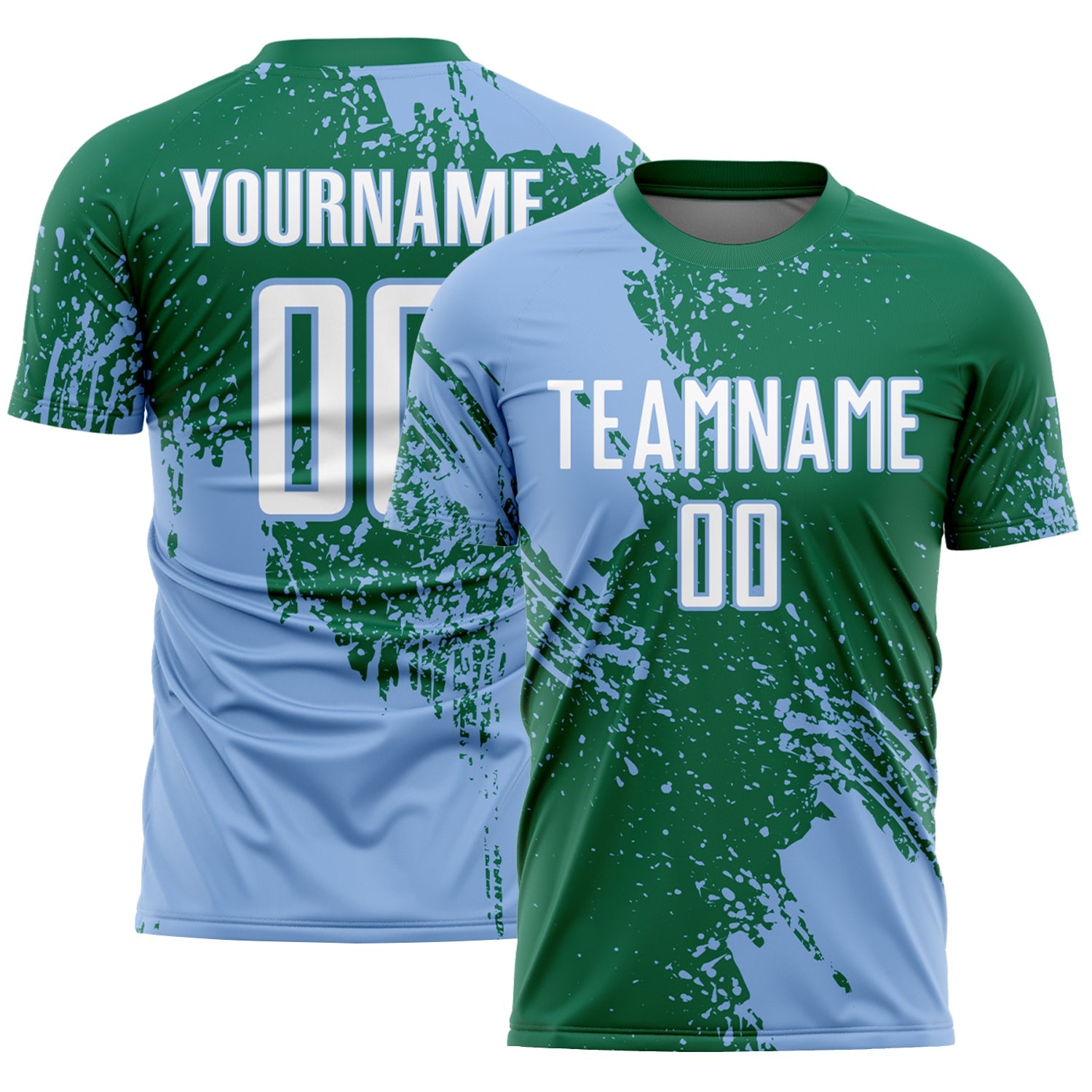 Custom Kelly Green White-Light Blue Abstract Brush Stroke Sports Sublimation Soccer Uniform Jersey - Main View
