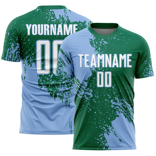 Custom Kelly Green White-Light Blue Abstract Brush Stroke Sports Sublimation Soccer Uniform Jersey - Main View