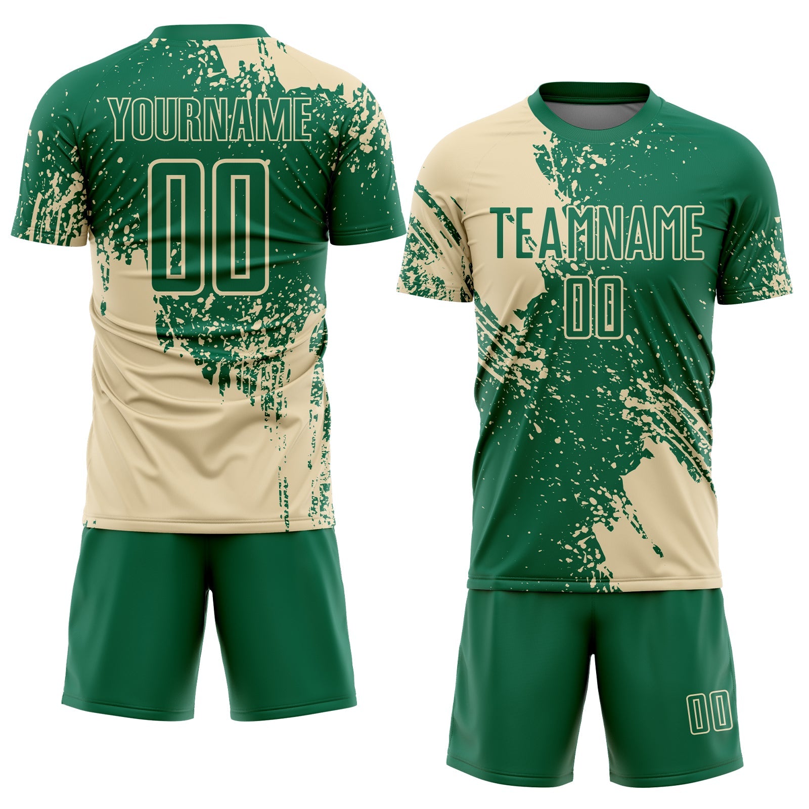 Custom Kelly Green Cream Abstract Brush Stroke Sports Sublimation Soccer Uniform Jersey view 2