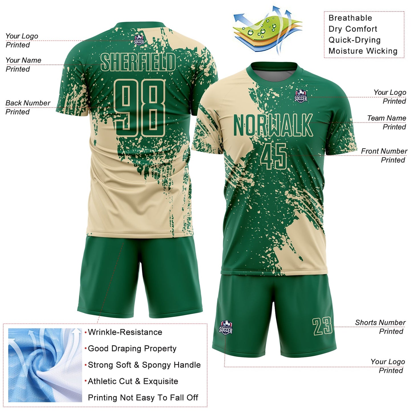 Custom Kelly Green Cream Abstract Brush Stroke Sports Sublimation Soccer Uniform Jersey view 4