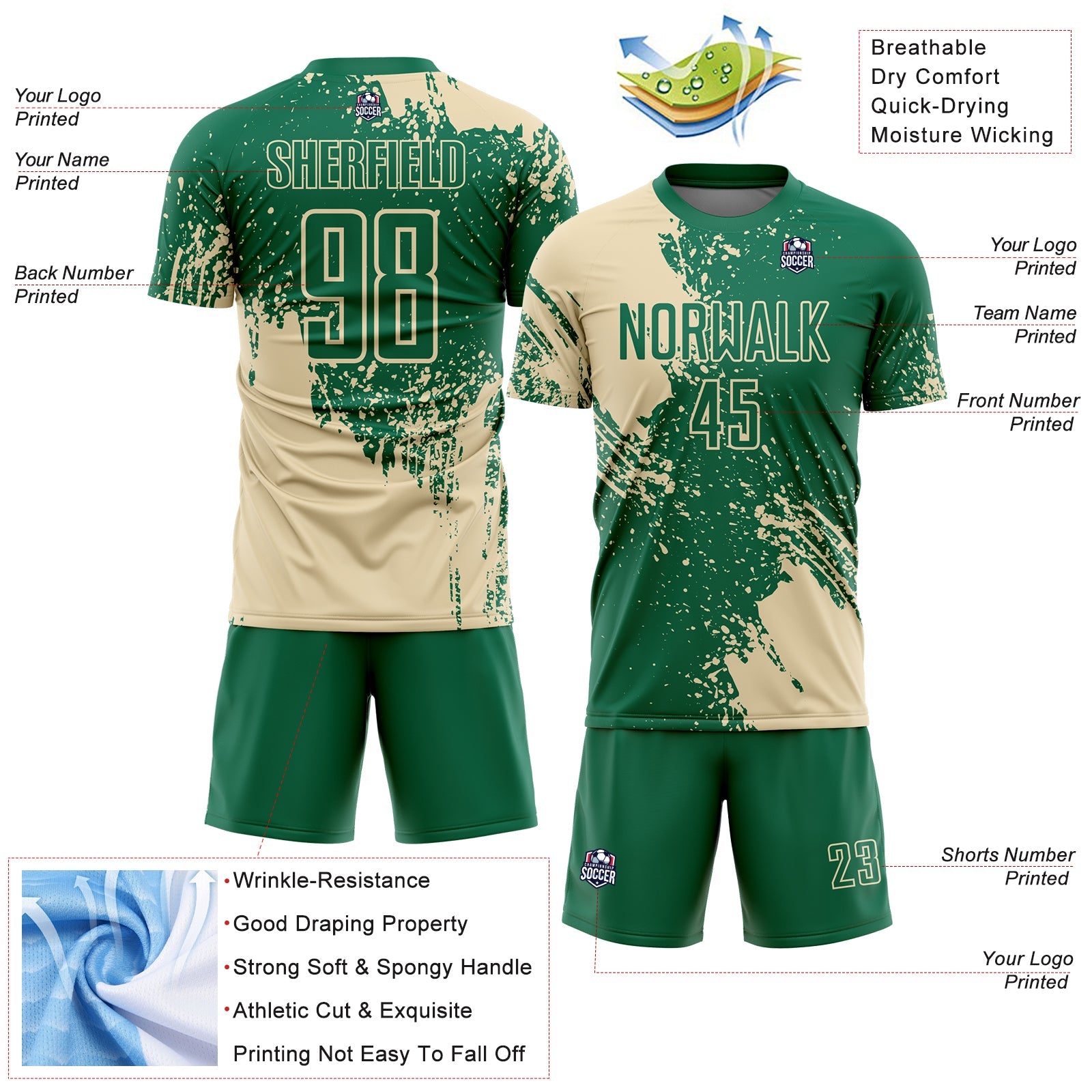 Custom Kelly Green Cream Abstract Brush Stroke Sports Sublimation Soccer Uniform Jersey view 4