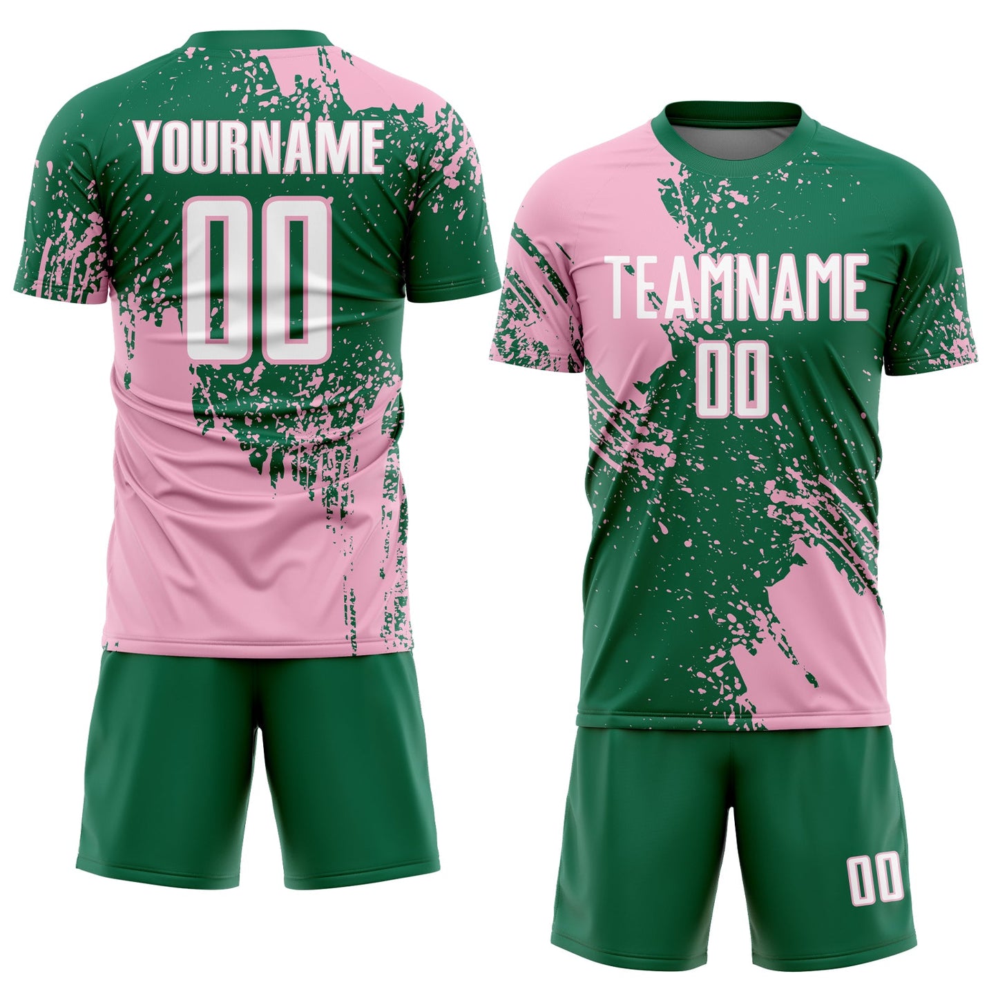 Custom Kelly Green White-Light Pink Abstract Brush Stroke Sports Sublimation Soccer Uniform Jersey view 2
