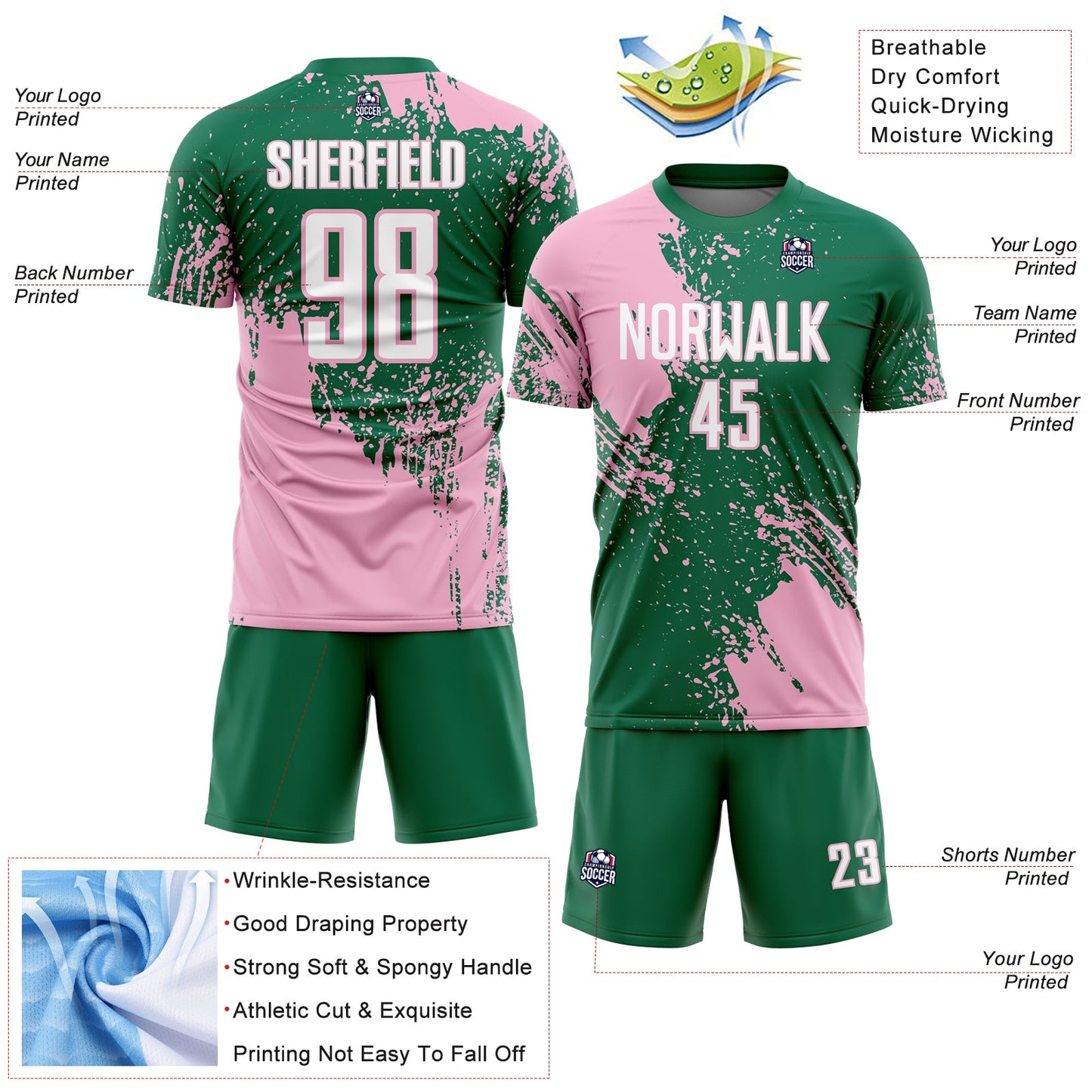 Custom Kelly Green White-Light Pink Abstract Brush Stroke Sports Sublimation Soccer Uniform Jersey view 4