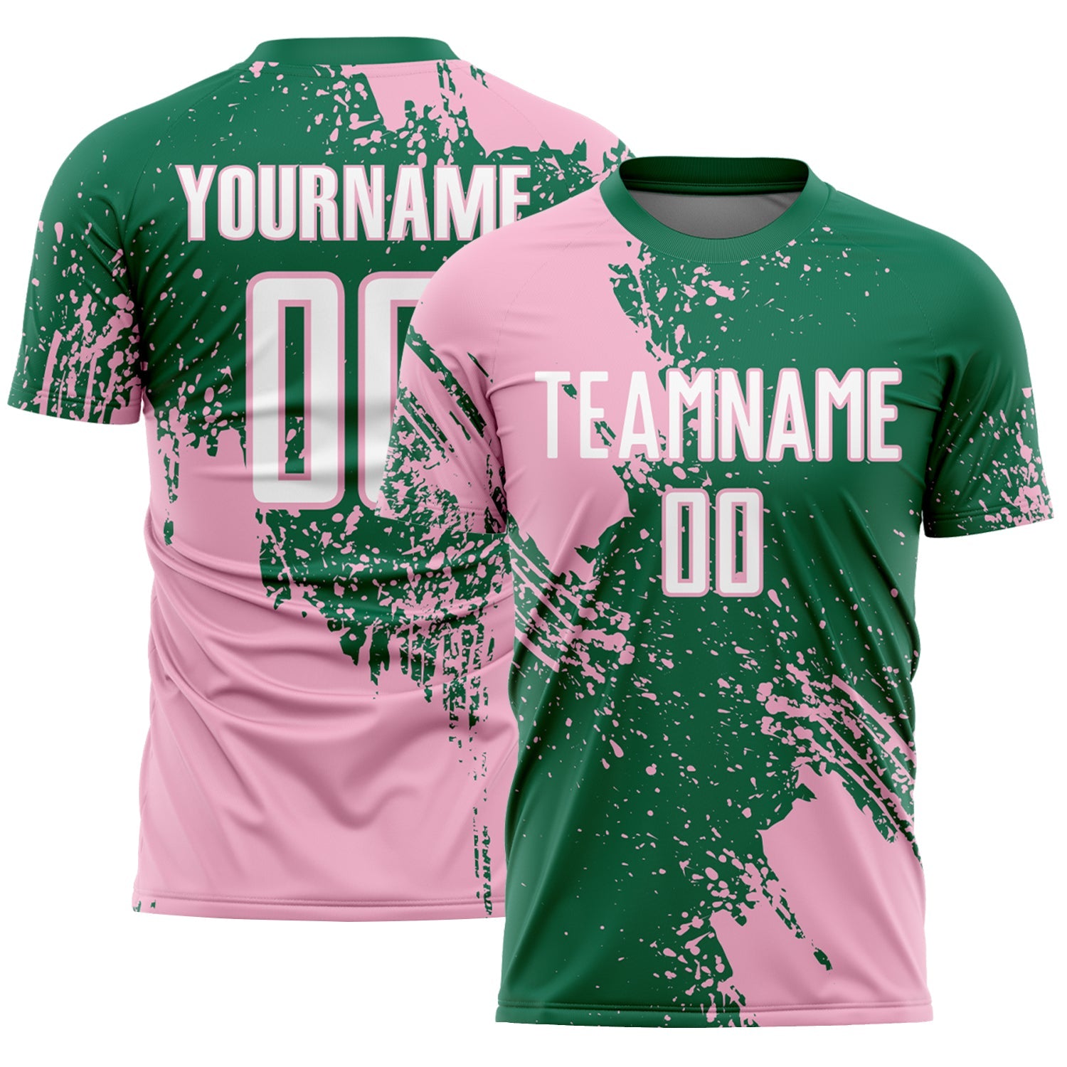 Custom Kelly Green White-Light Pink Abstract Brush Stroke Sports Sublimation Soccer Uniform Jersey - Main View