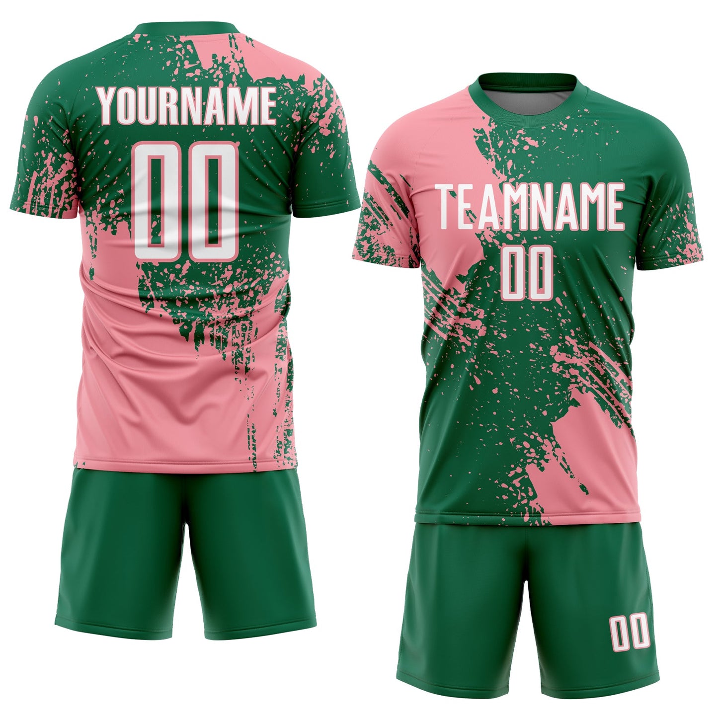 Custom Kelly Green White-Medium Pink Abstract Brush Stroke Sports Sublimation Soccer Uniform Jersey view 2