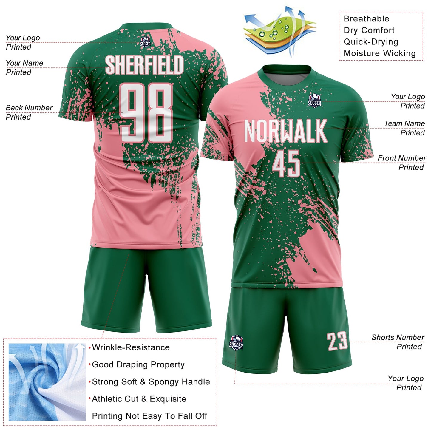 Custom Kelly Green White-Medium Pink Abstract Brush Stroke Sports Sublimation Soccer Uniform Jersey view 4