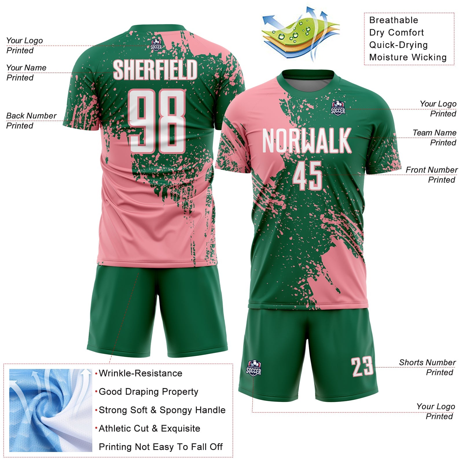 Custom Kelly Green White-Medium Pink Abstract Brush Stroke Sports Sublimation Soccer Uniform Jersey view 4
