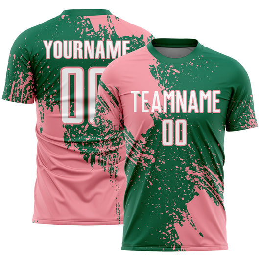 Custom Kelly Green White-Medium Pink Abstract Brush Stroke Sports Sublimation Soccer Uniform Jersey - Main View