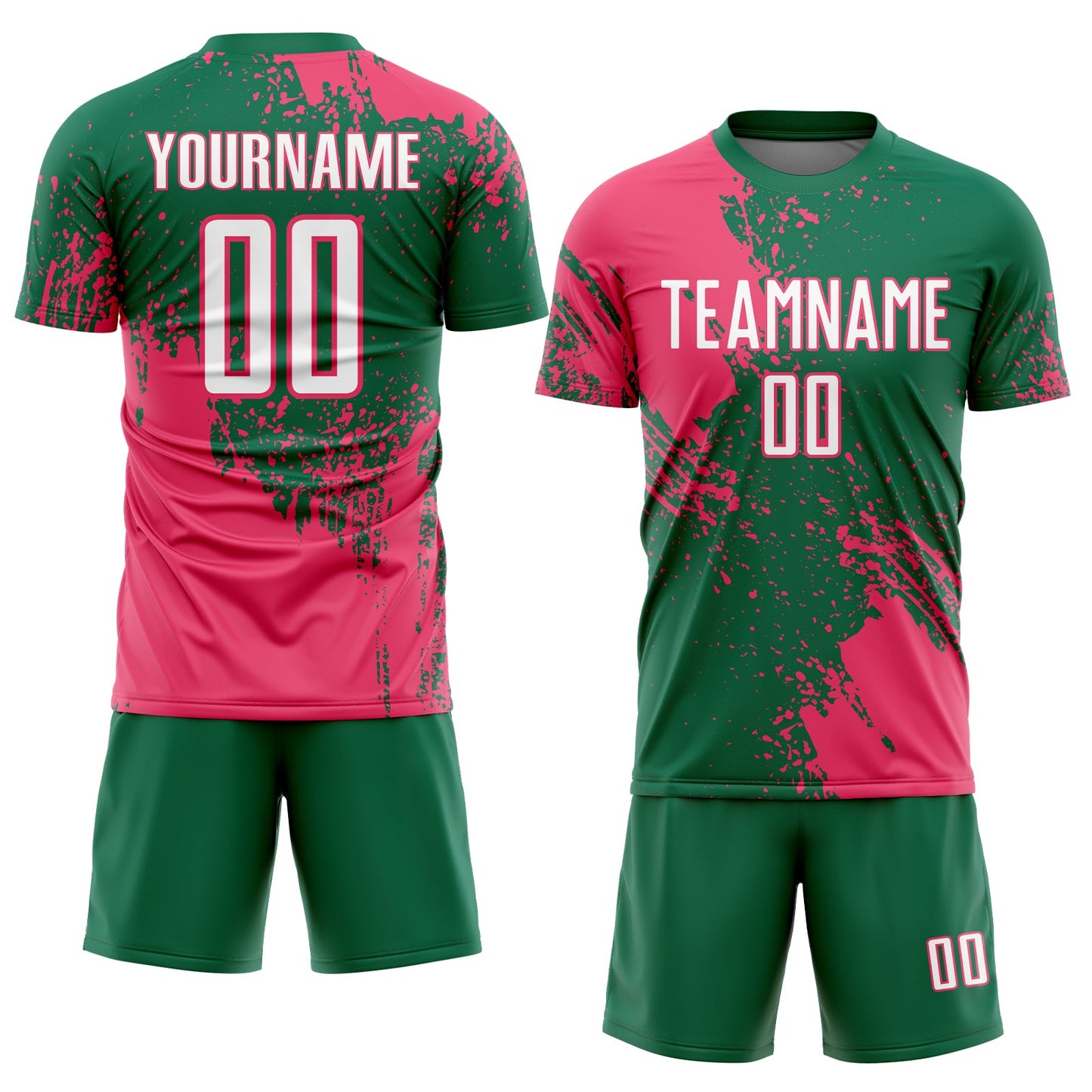 Custom Kelly Green White-Neon Pink Abstract Brush Stroke Sports Sublimation Soccer Uniform Jersey view 2
