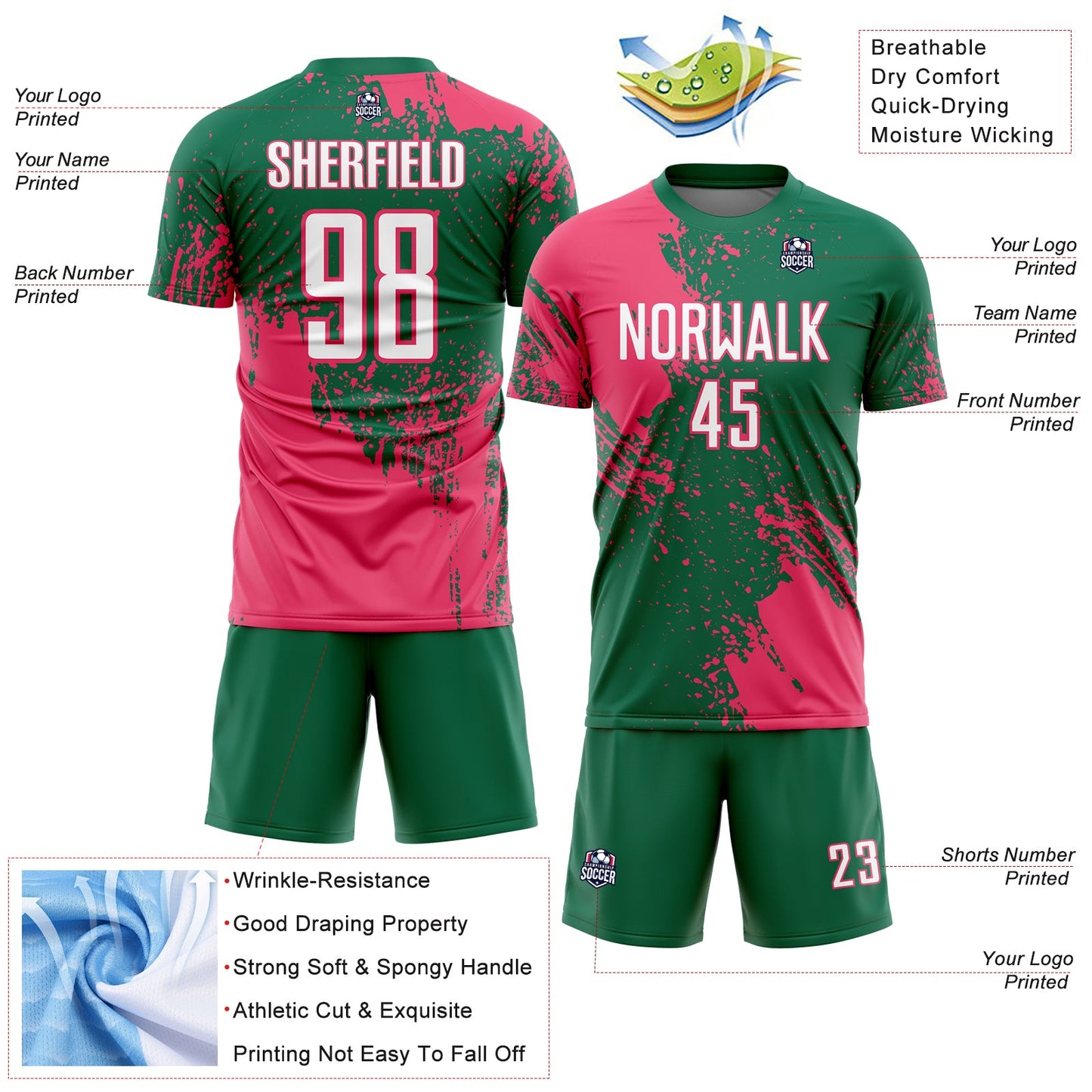 Custom Kelly Green White-Neon Pink Abstract Brush Stroke Sports Sublimation Soccer Uniform Jersey view 4