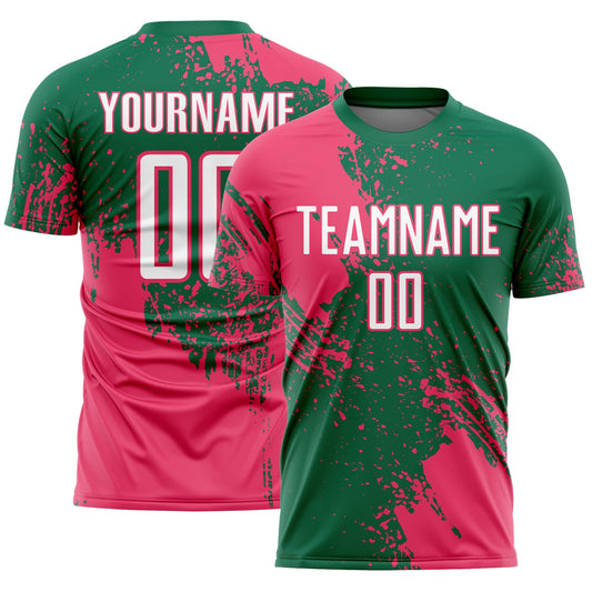 Custom Kelly Green White-Neon Pink Abstract Brush Stroke Sports Sublimation Soccer Uniform Jersey - Main View