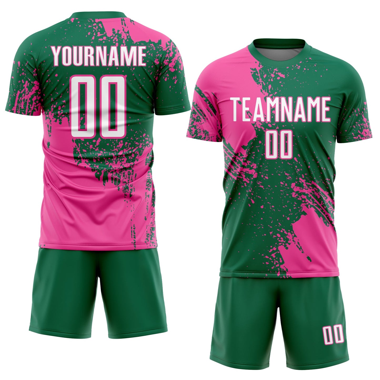 Custom Kelly Green White-Pink Abstract Brush Stroke Sports Sublimation Soccer Uniform Jersey view 2
