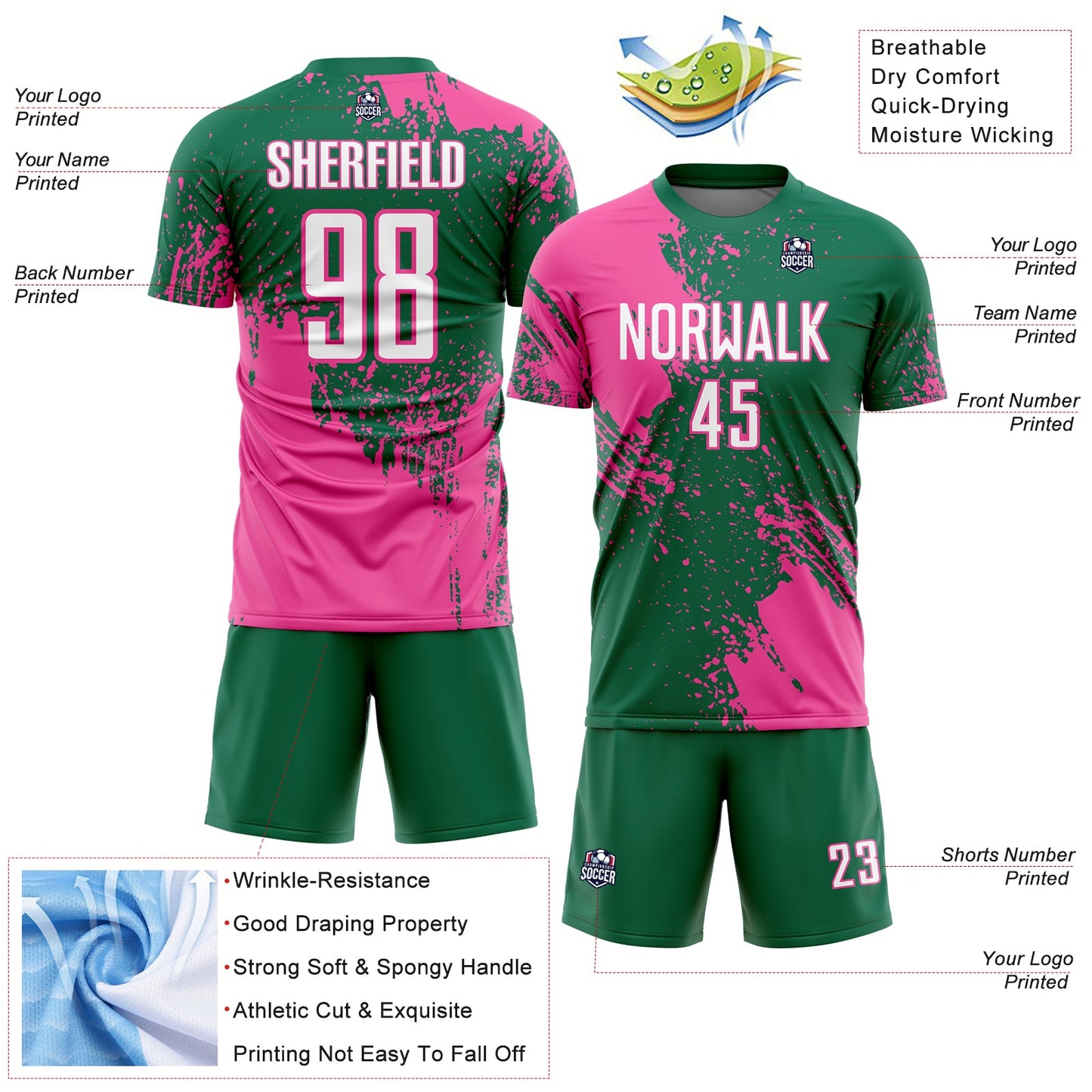 Custom Kelly Green White-Pink Abstract Brush Stroke Sports Sublimation Soccer Uniform Jersey view 4