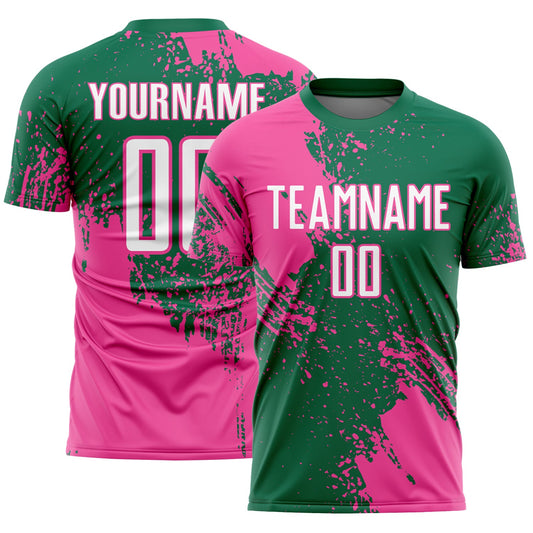 Custom Kelly Green White-Pink Abstract Brush Stroke Sports Sublimation Soccer Uniform Jersey - Main View