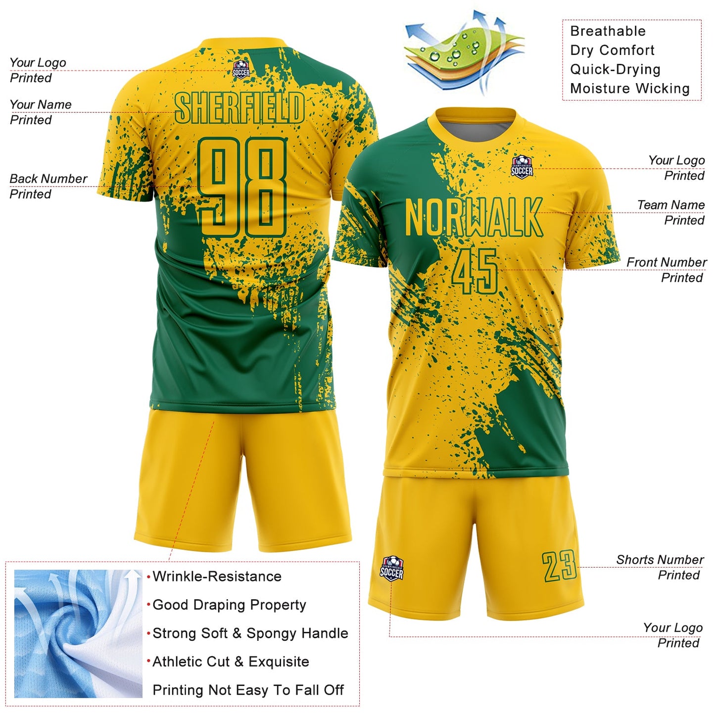 Custom Yellow Kelly Green Abstract Brush Stroke Sports Sublimation Soccer Uniform Jersey view 4