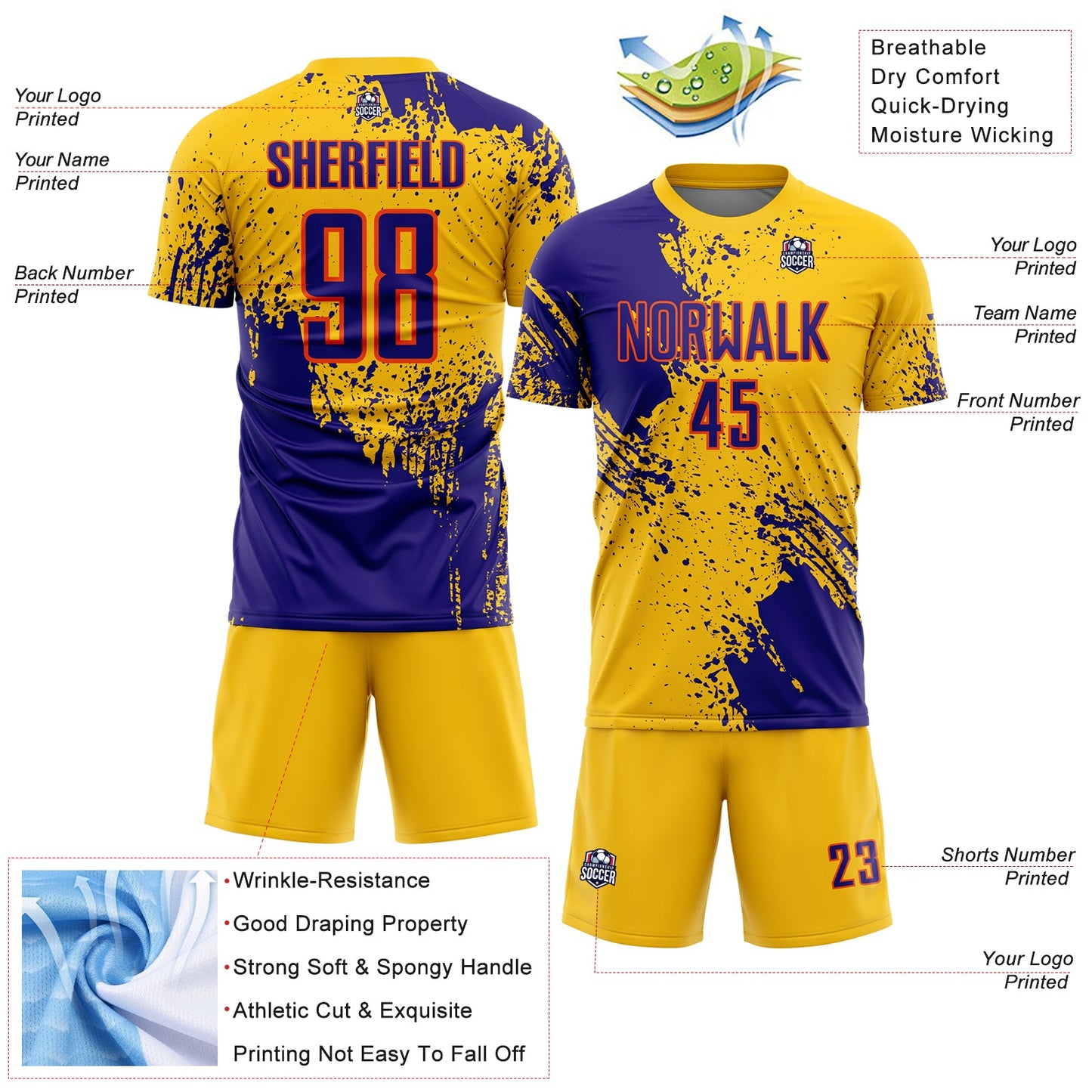 Custom Yellow Dark Purple-Orange Abstract Brush Stroke Sports Sublimation Soccer Uniform Jersey view 4