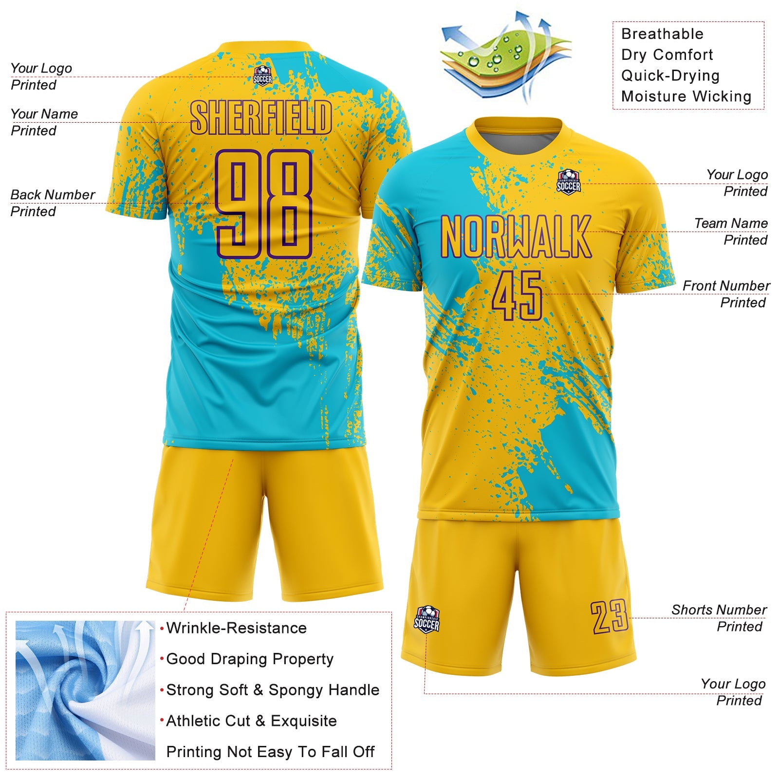 Custom Yellow Lakes Blue-Purple Abstract Brush Stroke Sports Sublimation Soccer Uniform Jersey view 4
