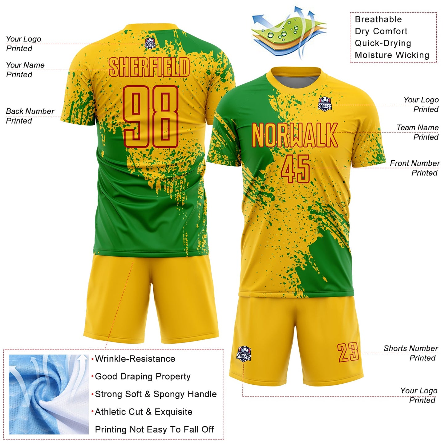 Custom Yellow Grass Green-Red Abstract Brush Stroke Sports Sublimation Soccer Uniform Jersey view 4