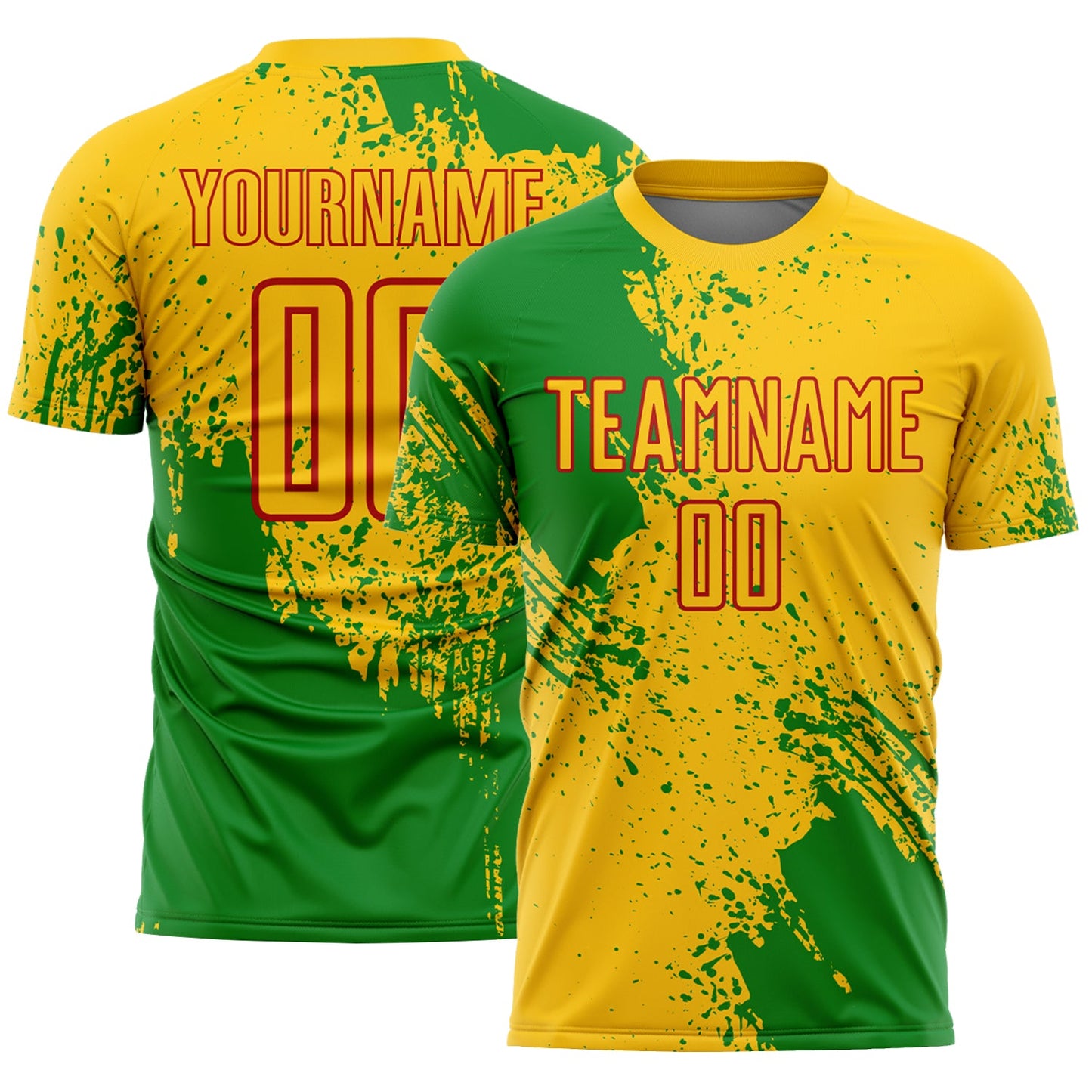 Custom Yellow Grass Green-Red Abstract Brush Stroke Sports Sublimation Soccer Uniform Jersey - Main View