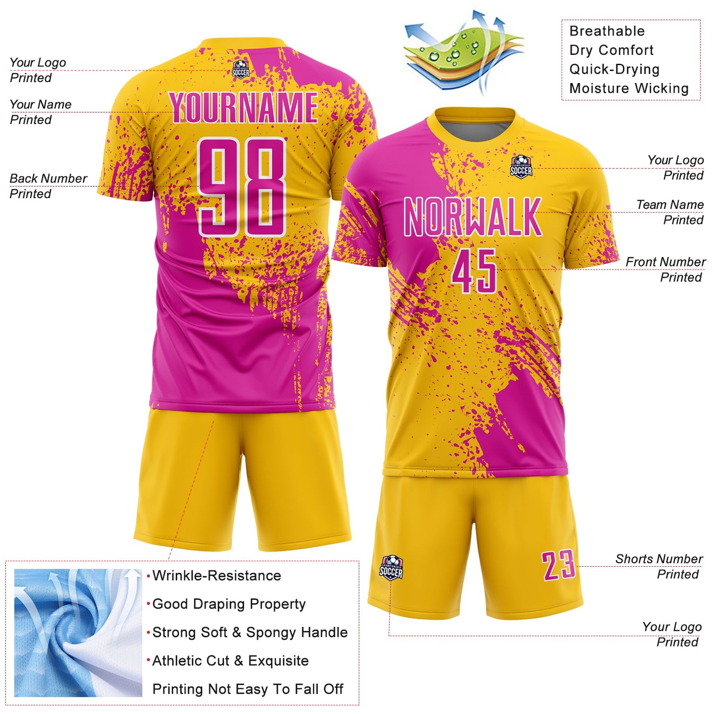 Custom Yellow Deep Pink-White Abstract Brush Stroke Sports Sublimation Soccer Uniform Jersey view 4