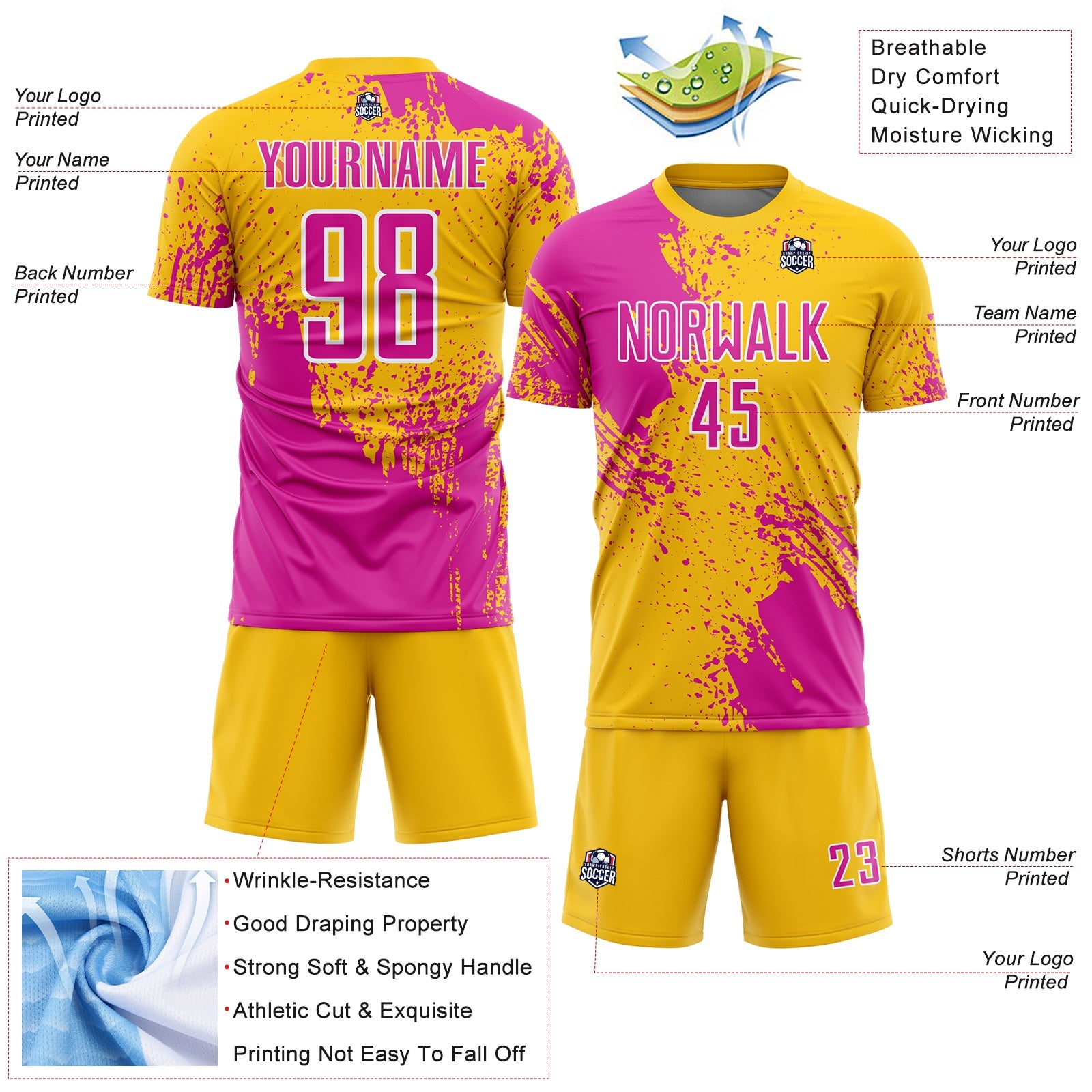 Custom Yellow Deep Pink-White Abstract Brush Stroke Sports Sublimation Soccer Uniform Jersey view 4