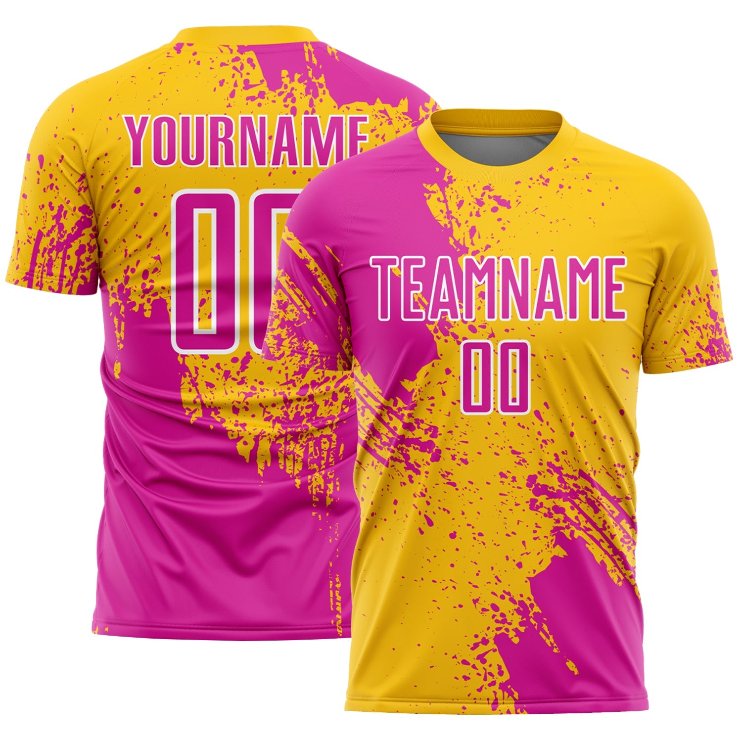 Custom Yellow Deep Pink-White Abstract Brush Stroke Sports Sublimation Soccer Uniform Jersey - Main View