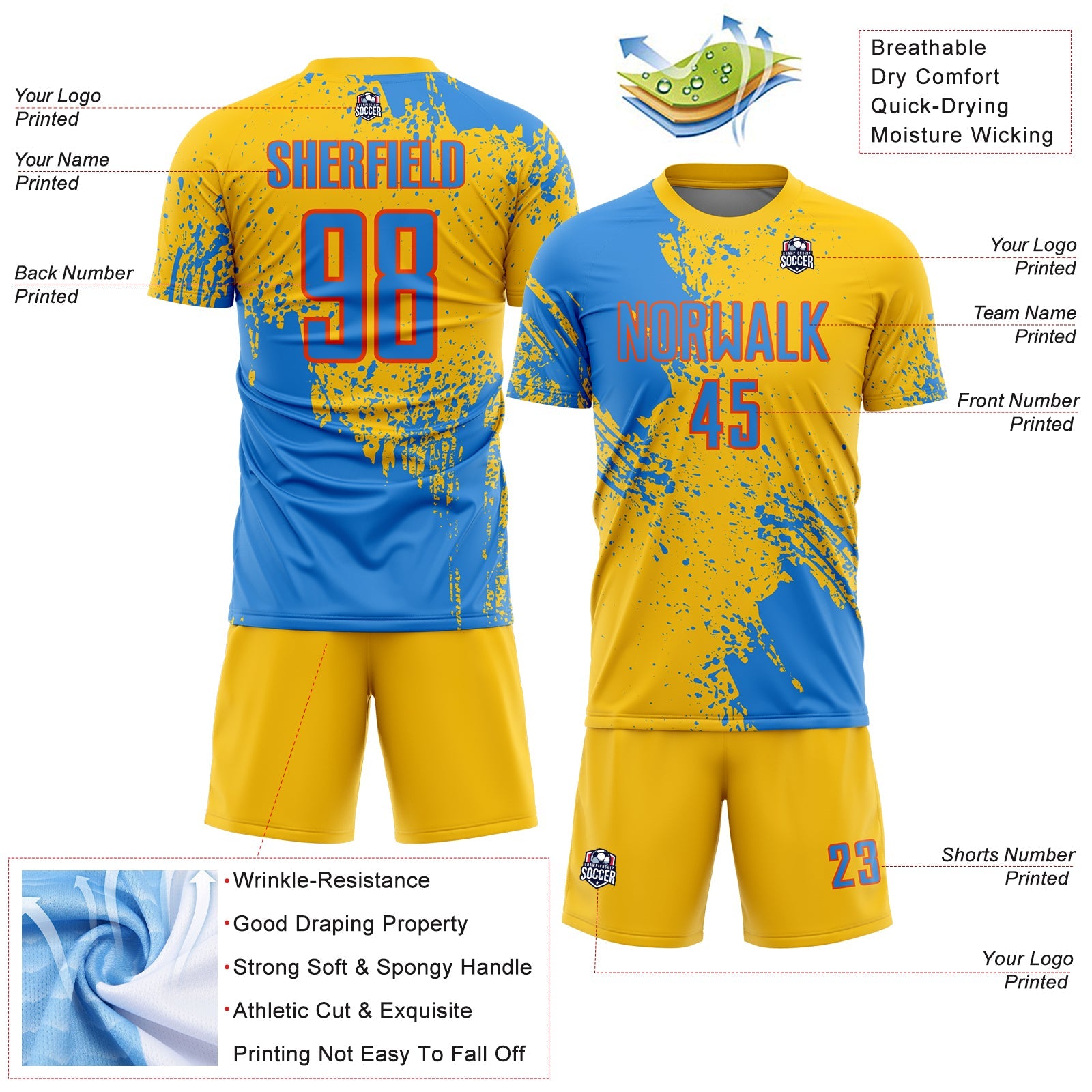 Custom Yellow Powder Blue-Orange Abstract Brush Stroke Sports Sublimation Soccer Uniform Jersey view 4