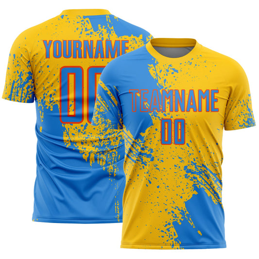 Custom Yellow Powder Blue-Orange Abstract Brush Stroke Sports Sublimation Soccer Uniform Jersey - Main View