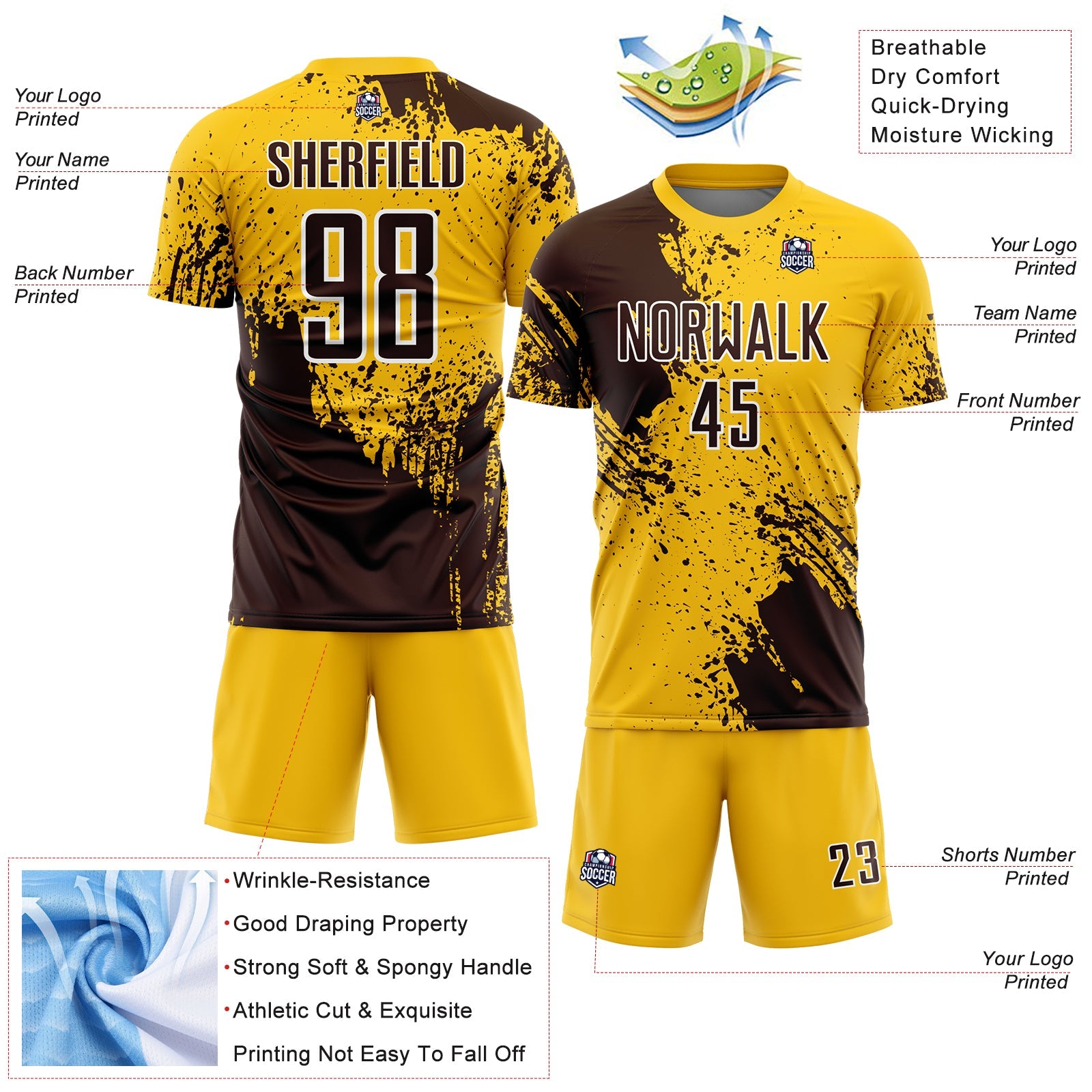 Custom Yellow Brown-White Abstract Brush Stroke Sports Sublimation Soccer Uniform Jersey view 4