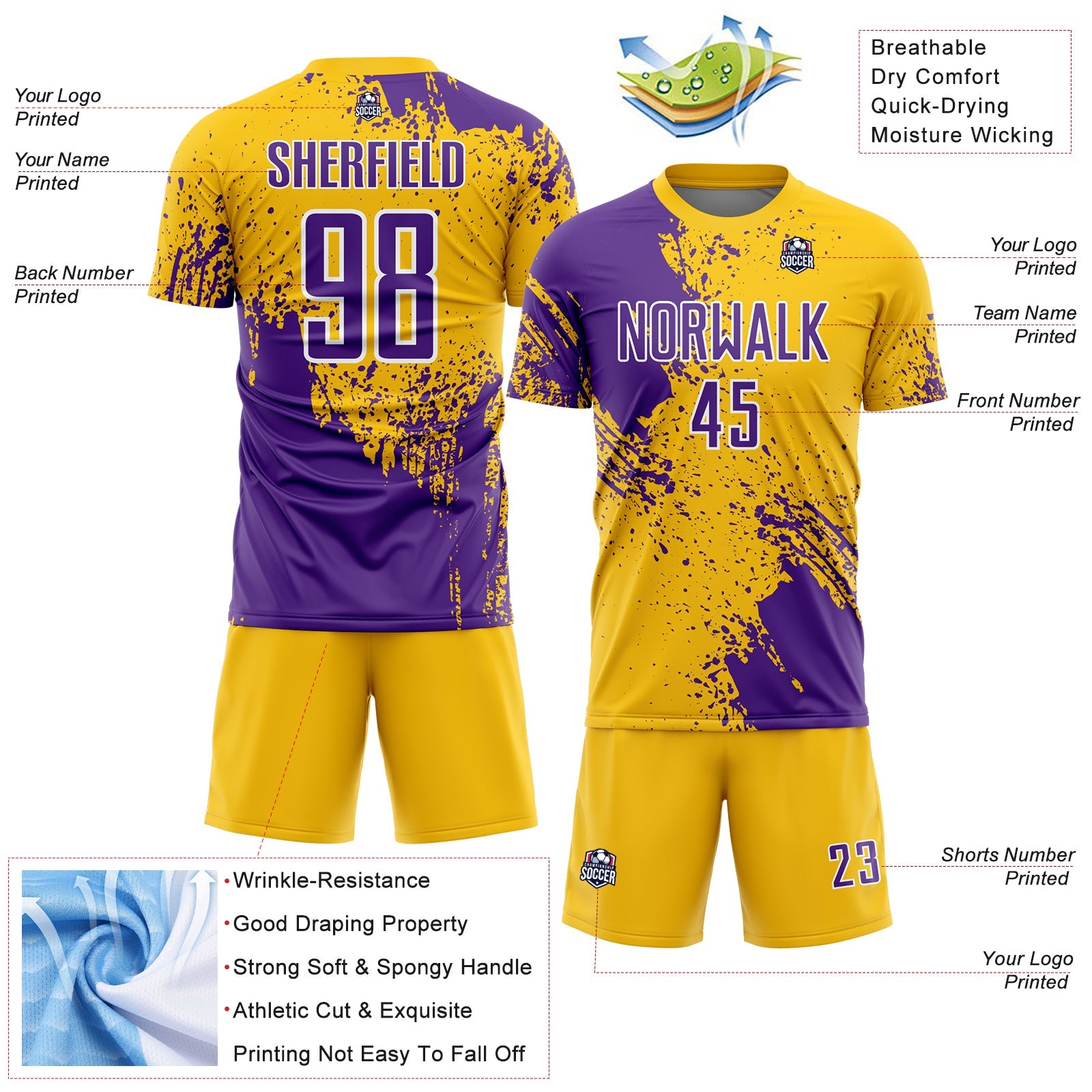 Custom Yellow Purple-White Abstract Brush Stroke Sports Sublimation Soccer Uniform Jersey view 4